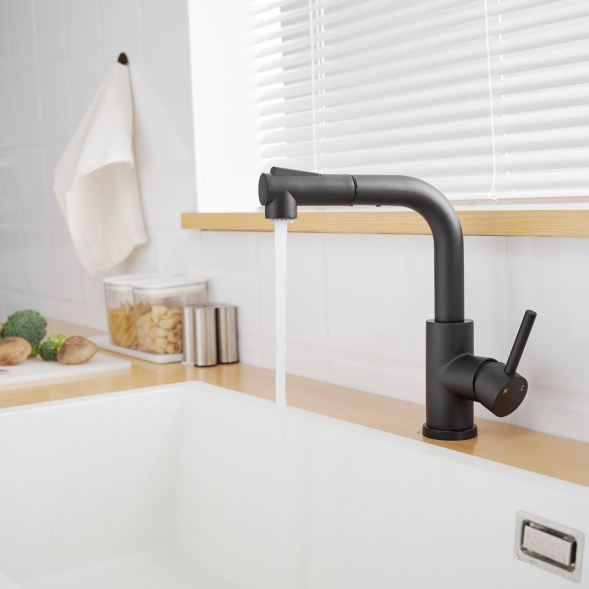 Left. Boyel Living - Matte Black 2 Spray Patterns Stainless Steel Pull Out Kitchen Faucet with Water Supply Hoses - Matte Black.