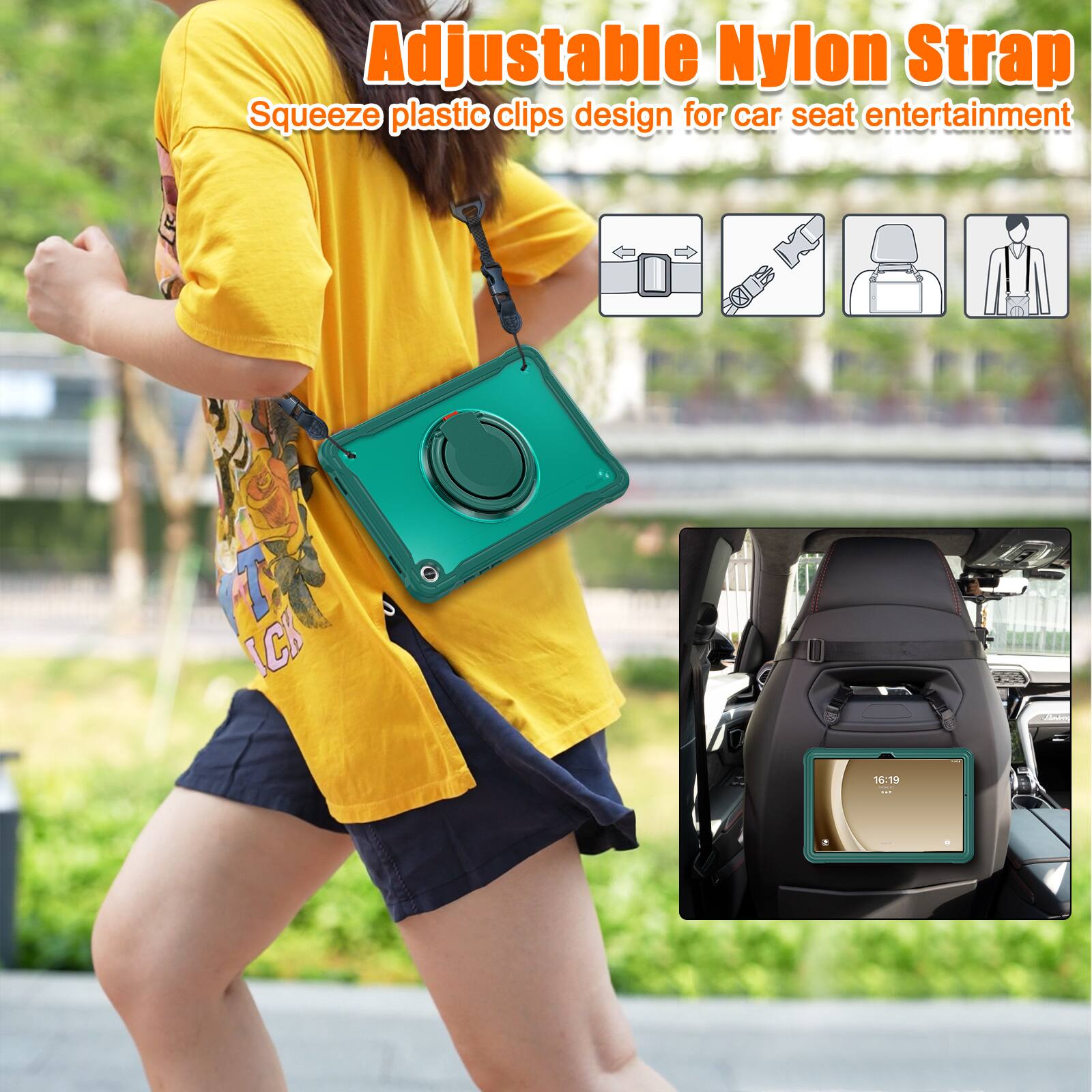 Adjustable Nylon Strap  
Squeeze plastic clips design for car seat entertainment
