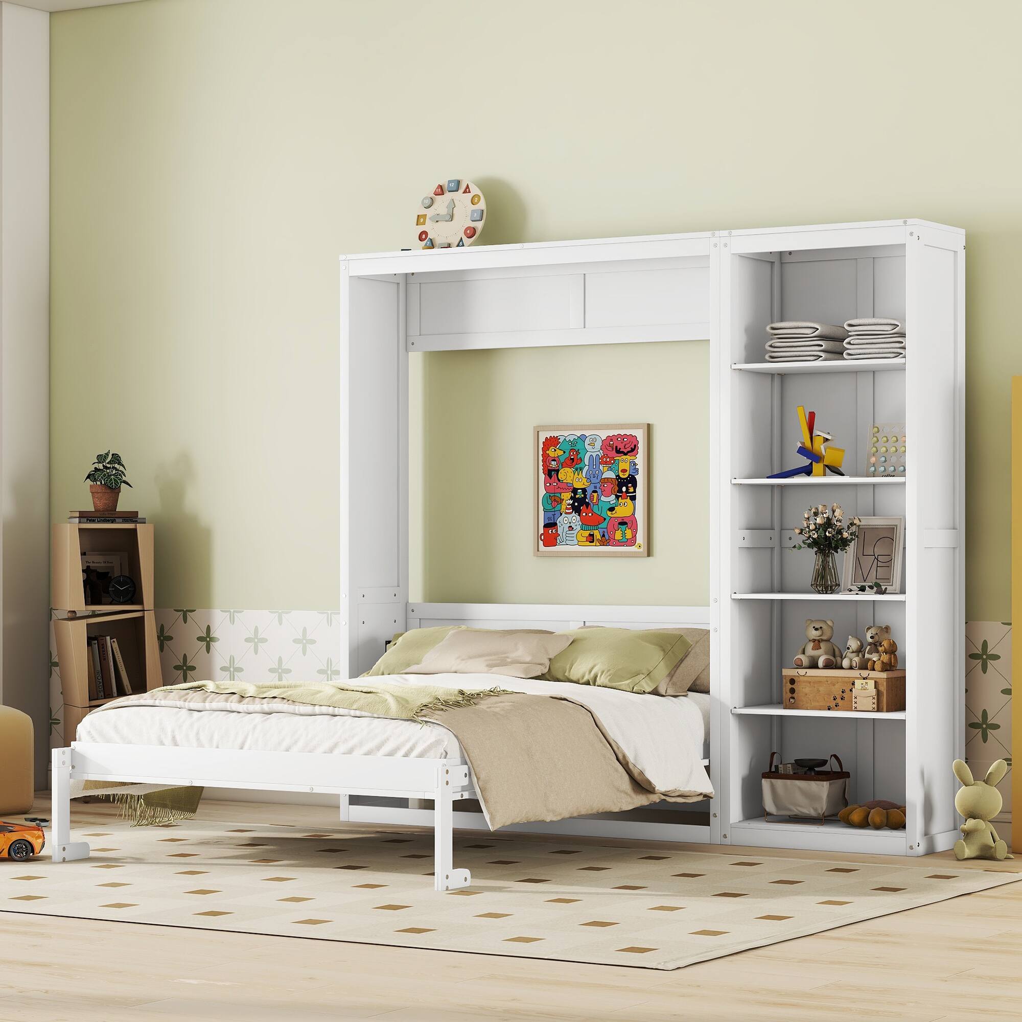 Tiramisubest - Queen Size Murphy Wall Bed with Shelves, White, Wood + MDF, Space-Saving - White
