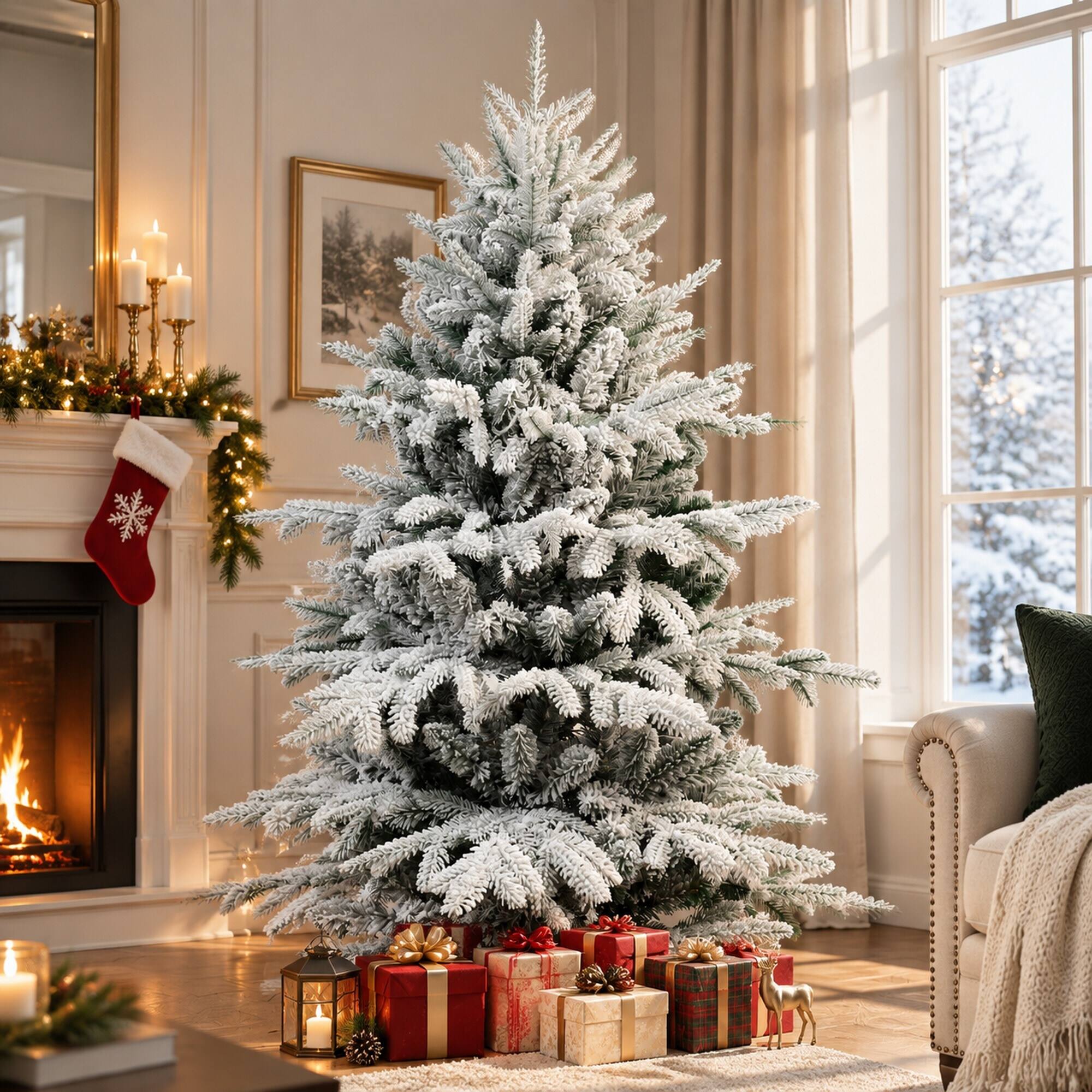 Left. RYHNUYNE - 6FT Pre-Lit Flocked Christmas Tree With 300 Two-Color LED Lights and 1582 Tips, 9 Modes and Metal Stand - Green,White.