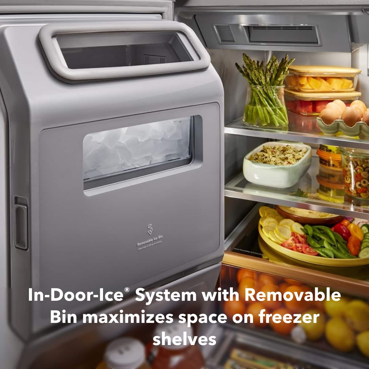In-Door-Ice® System with Removable Bin maximizes space on freezer shelves
