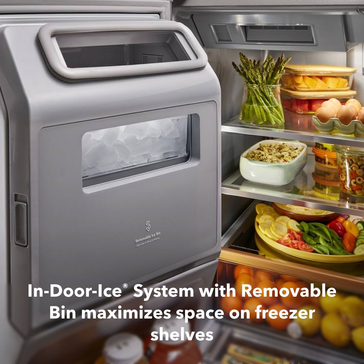 In-Door-Ice® System with Removable Bin maximizes space on freezer shelves