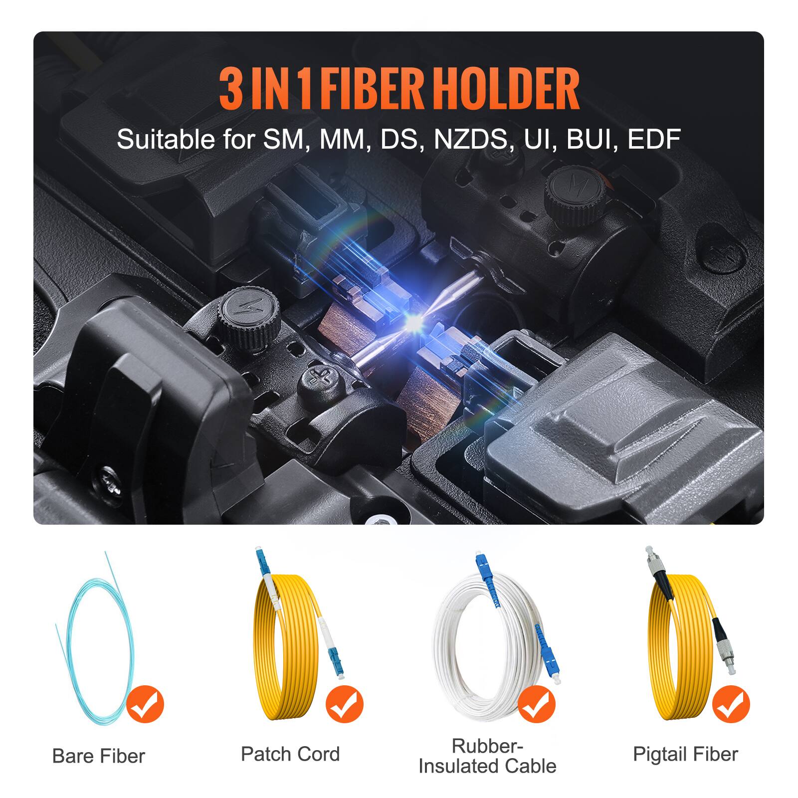 3 IN 1 FIBER HOLDER  
Suitable for SM, MM, DS, NZDS, UI, BUI, EDF  

- Bare Fiber  
- Patch Cord  
- Rubber-Insulated Cable  
- Pigtail Fiber