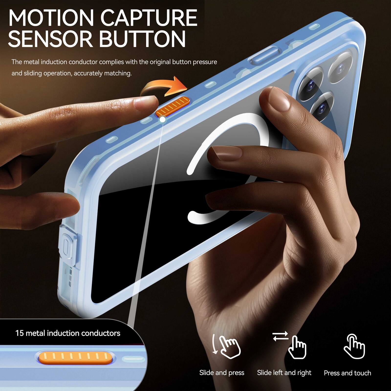 MOTION CAPTURE SENSOR BUTTON

The metal induction conductor complies with the original button pressure and sliding operation, accurately matching.

15 metal induction conductors

Slide and press

Slide left and right

Press and touch