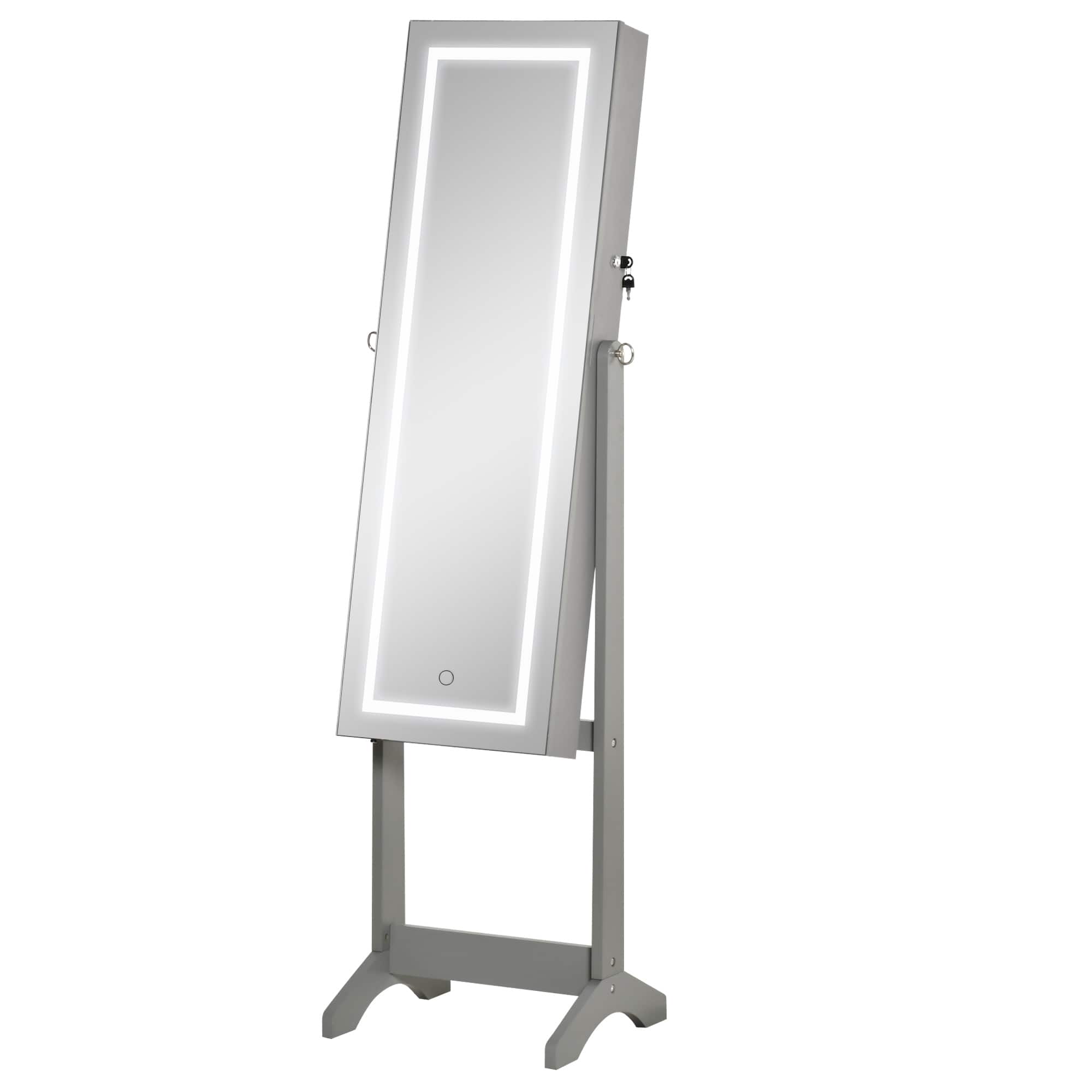 Ecooso - Standing Jewelry Cabinet with LED Light, Lockable Organizer, Full-Length Mirror, 4 Angles - Gray