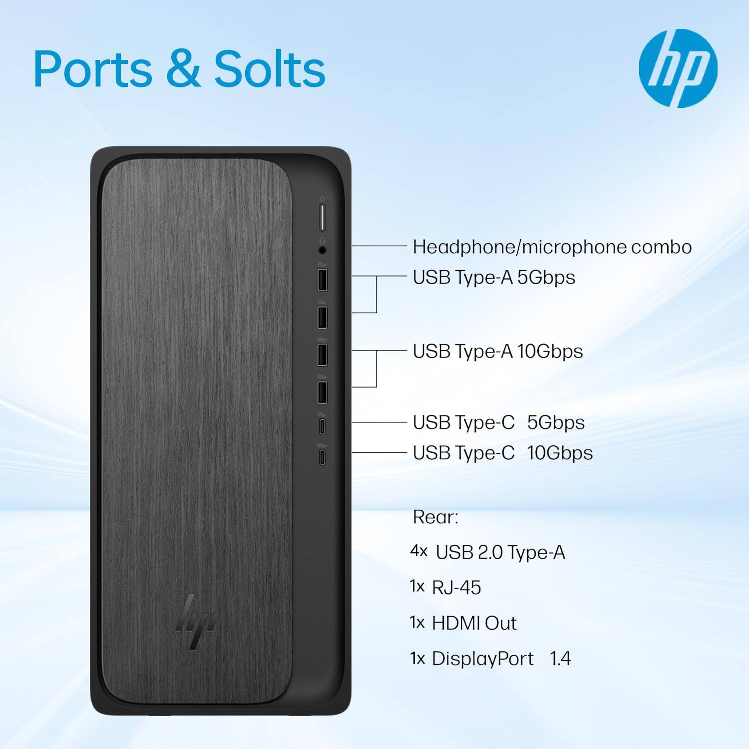 Ports & Slots

- Headphone/microphone combo
- USB Type-A 5Gbps
- USB Type-A 10Gbps
- USB Type-C 5Gbps
- USB Type-C 10Gbps

Rear:
- 4x USB 2.0 Type-A
- 1x RJ-45
- 1x HDMI Out
- 1x DisplayPort 1.4
