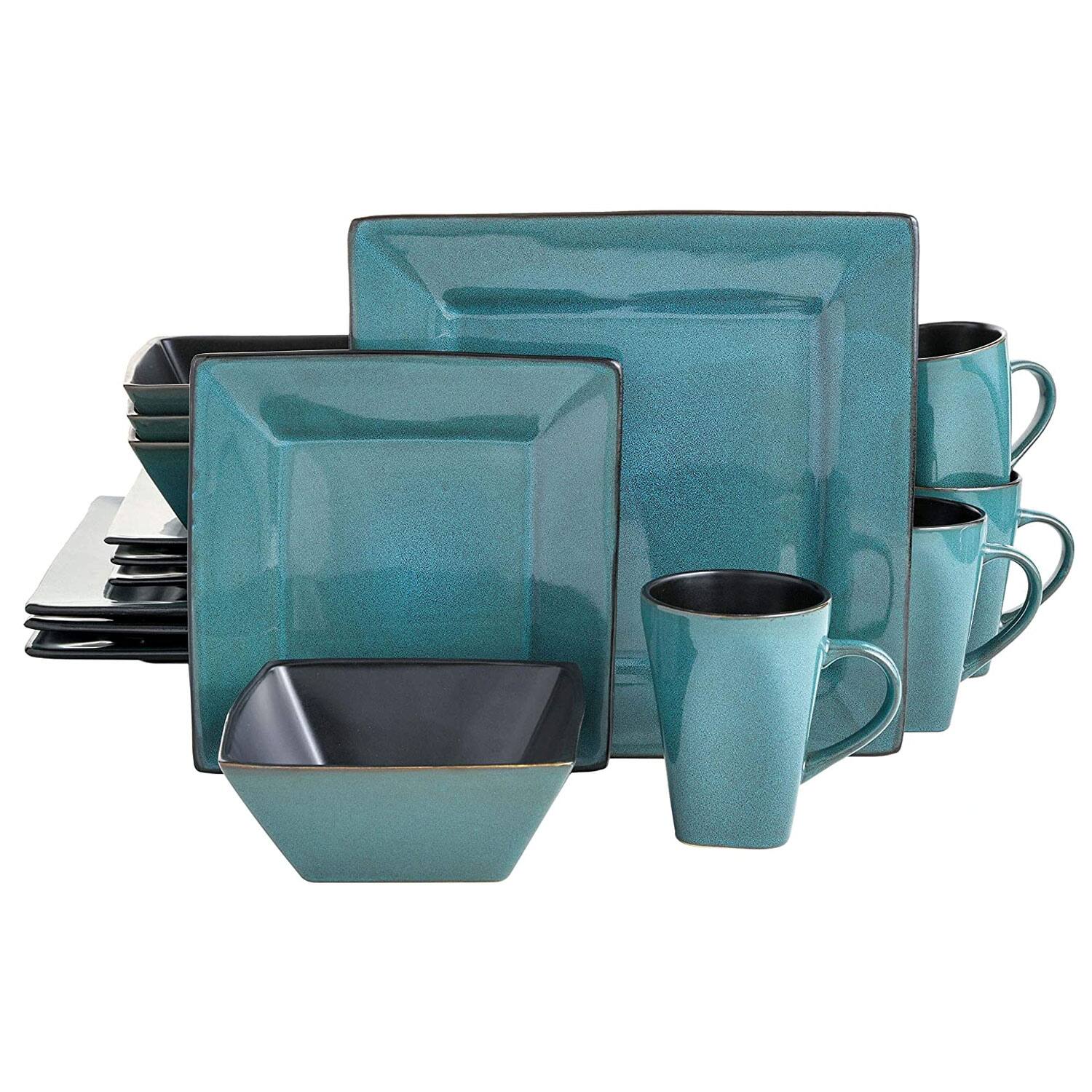 Front. Gibson - Gibson Elite Kiesling 16 Piece Plates, Bowls, & Mugs Dinnerware Set, Turquoise - Turquoise.