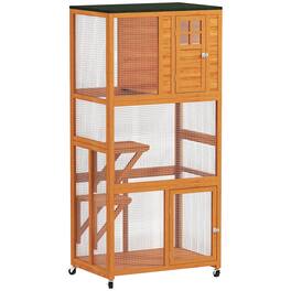 Pawhut - 74" Wooden Catio Outdoor House, Weatherproof & Wheeled, Enclosure High Capacity, Kitten Cage Condo