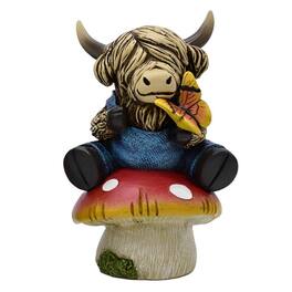 FC Design - 6"H Highland Cow Sitting on Mushroom Figurine Statue Office Desk Tabletop Home Decor Gift - Multi-Color