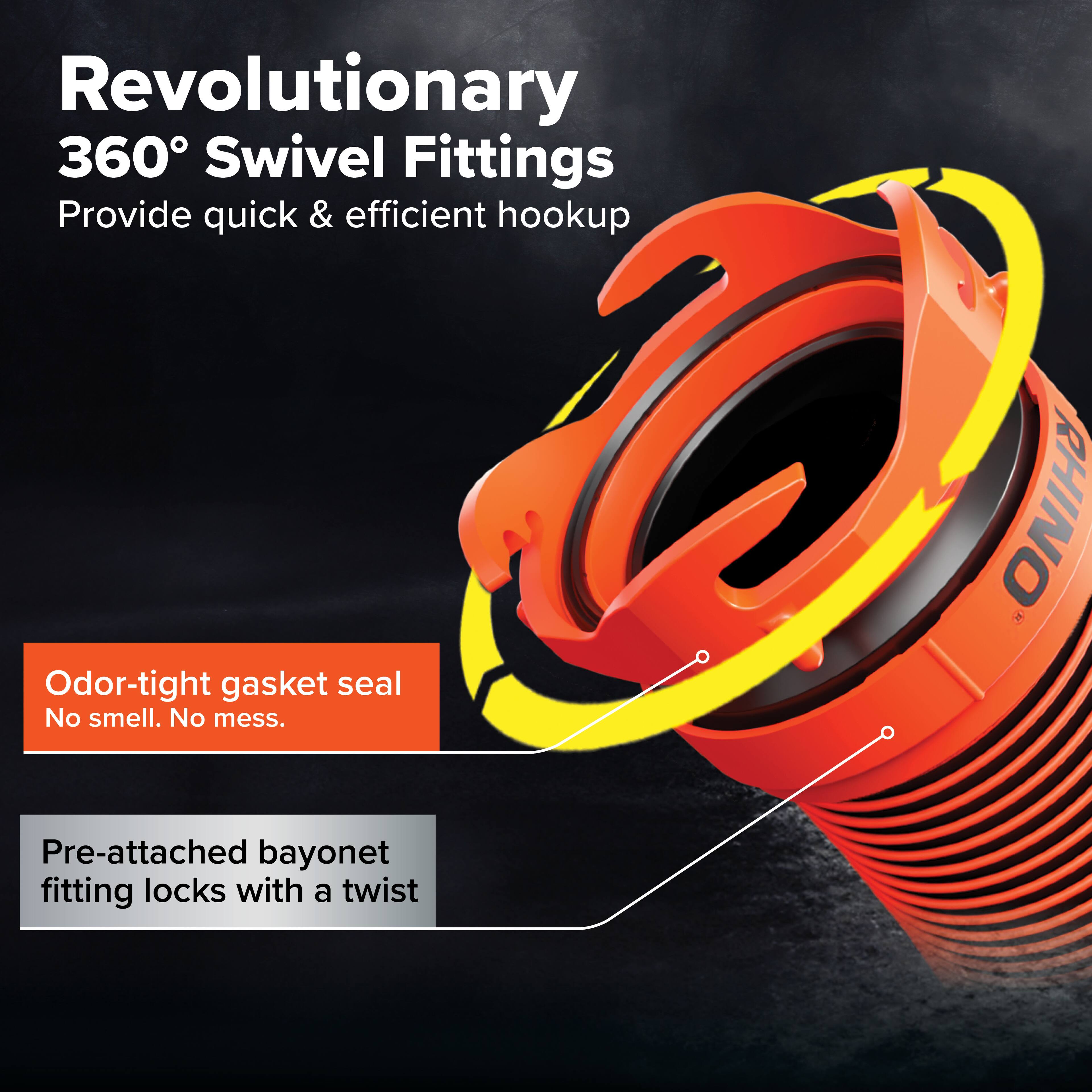 Revolutionary 360° Swivel Fittings  
Provide quick & efficient hookup  

Odor-tight gasket seal  
No smell. No mess.  

Pre-attached bayonet fitting locks with a twist