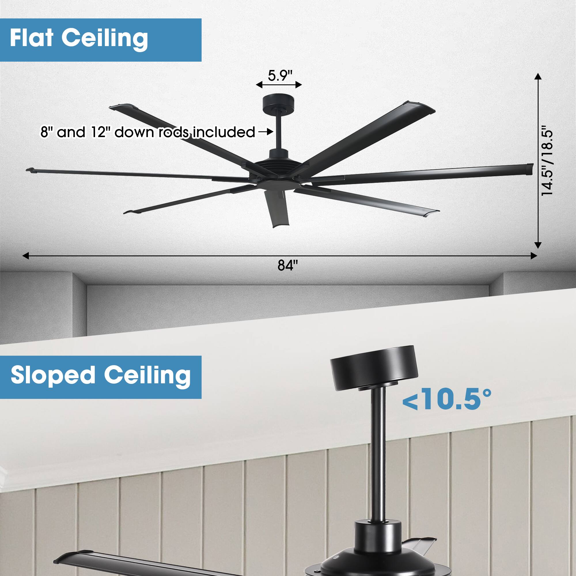 Flat Ceiling  
5.9"  
8" and 12" down rods included  
14.5"/18.5"  
84"  

Sloped Ceiling  
<10.5°