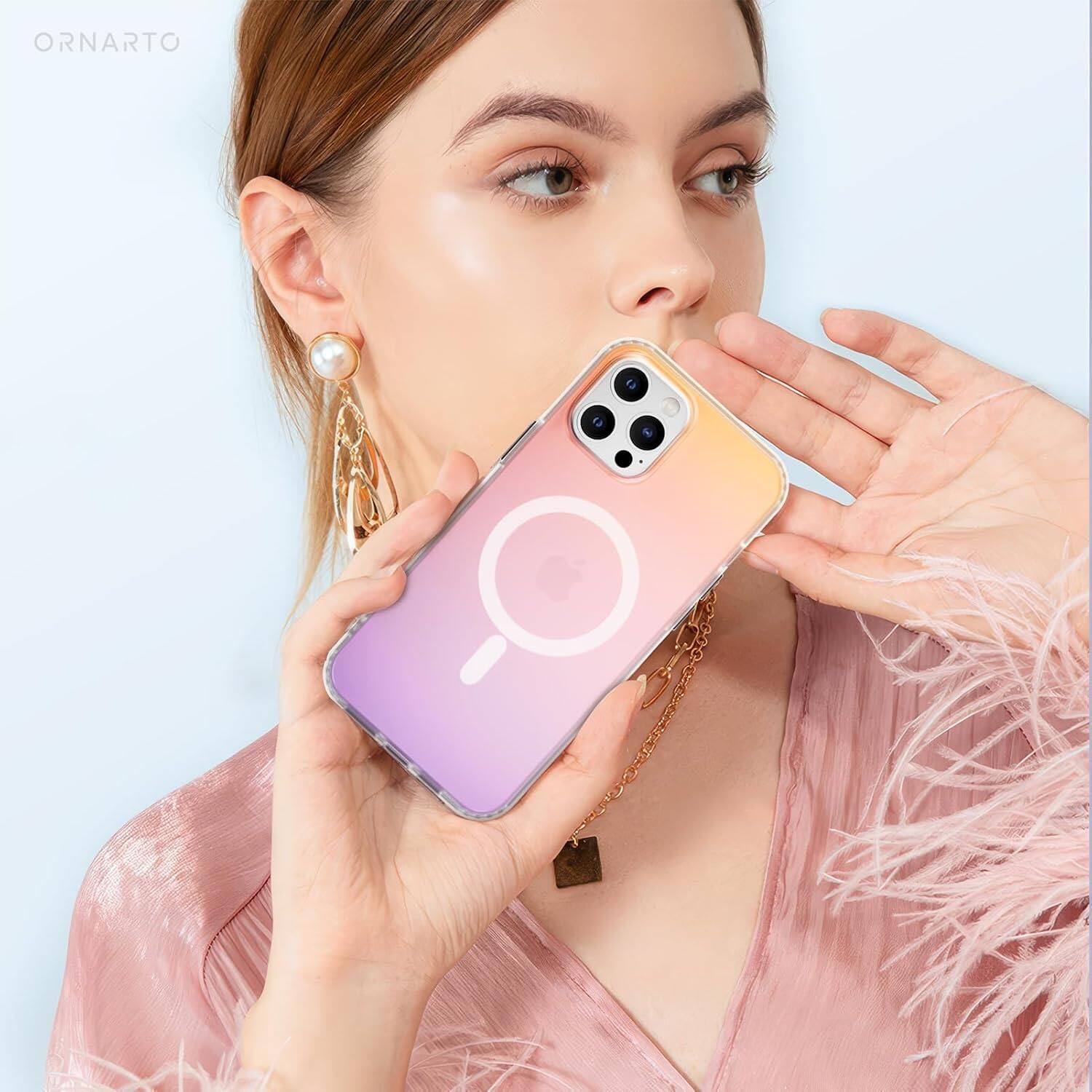 Alt View 5. Ornarto - ORNARTO Magnetic Case for iPhone 12 Pro Max 6.7" Compatible with MagSafe,Shockproof Protective Rainbow Phone Case-Sunset - Sunset.