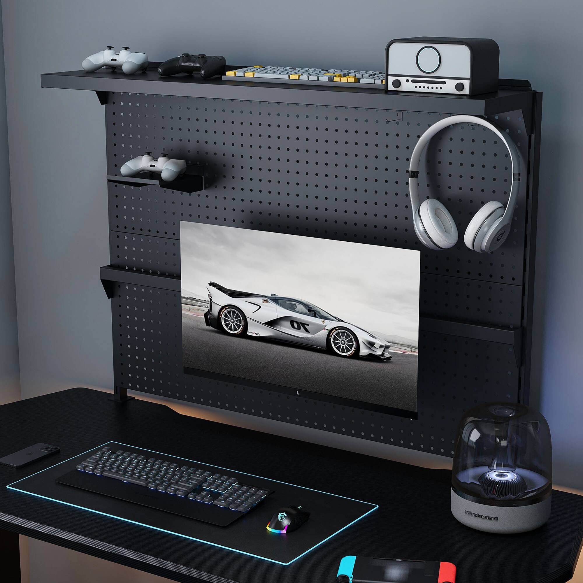 Alt View 1. PexFix - Clamp-On Monitor Stand with Pegboard, 43" Steel Desk Organizer for Gaming & Office Setup - Black.