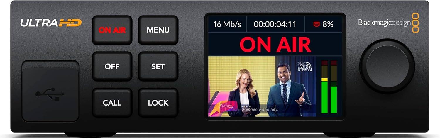 ULTRA HD  
ON AIR  
OFF  
MENU  
SET  
CALL  
LOCK  

16 Mb/s  
00:00:04:11  
8%  

ON AIR  
LIVE STREAM  

Stephanie and Ravi  

Blackmagicdesign