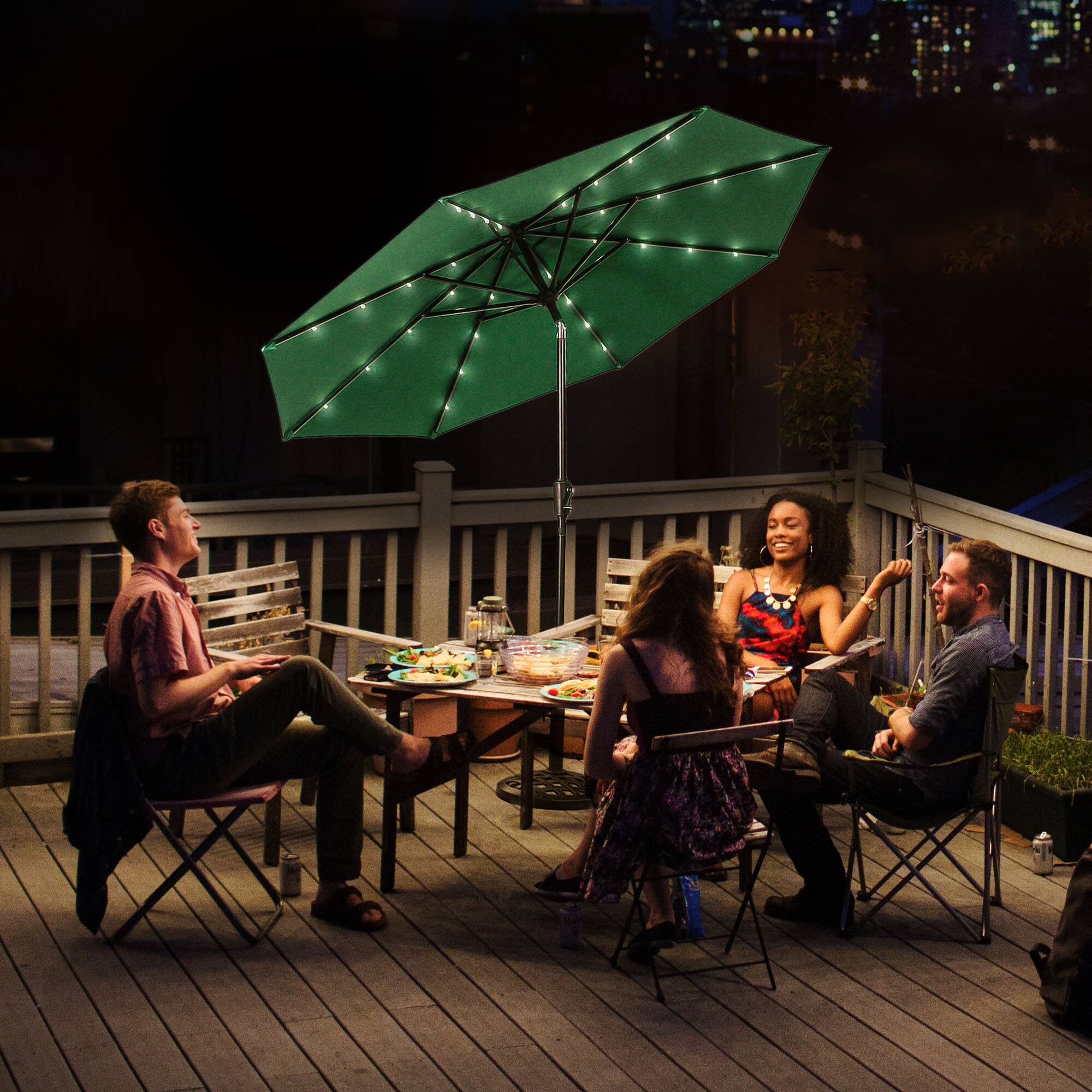 Alt View 2. Four Seasons Courtyard - Four Seasons Courtyard 9’ Polyester LED Steel Pole Patio Market Umbrella, Green - Green.