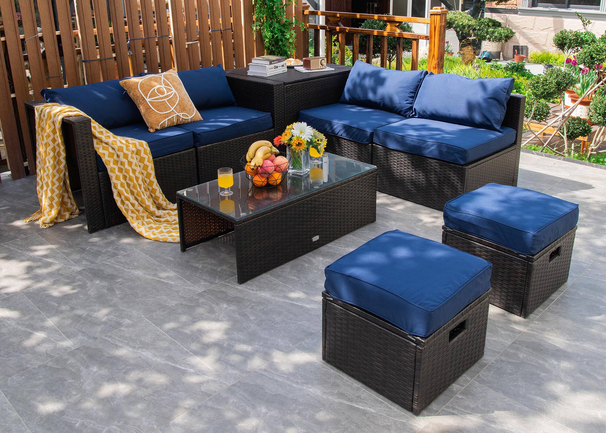 Alt View 1. Costway - Costway 8PCS Patio Rattan Furniture Set  Space-Saving Storage Cushion cover - Navy.