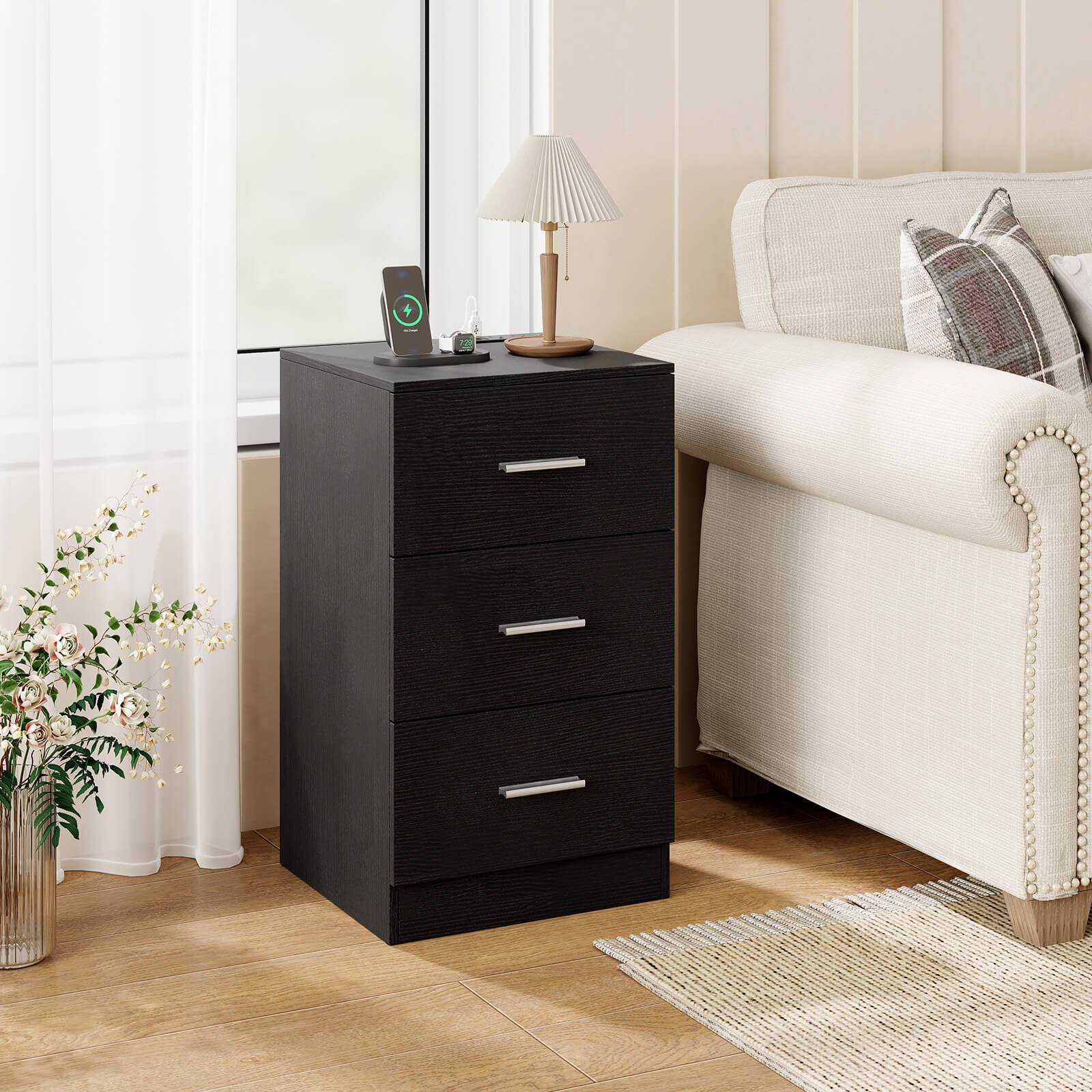 Alt View 1. Costway - Costway 1 PCS Nightstand with Charging Station, 3 Storage Drawers for Bedroom, Living Room - Black.