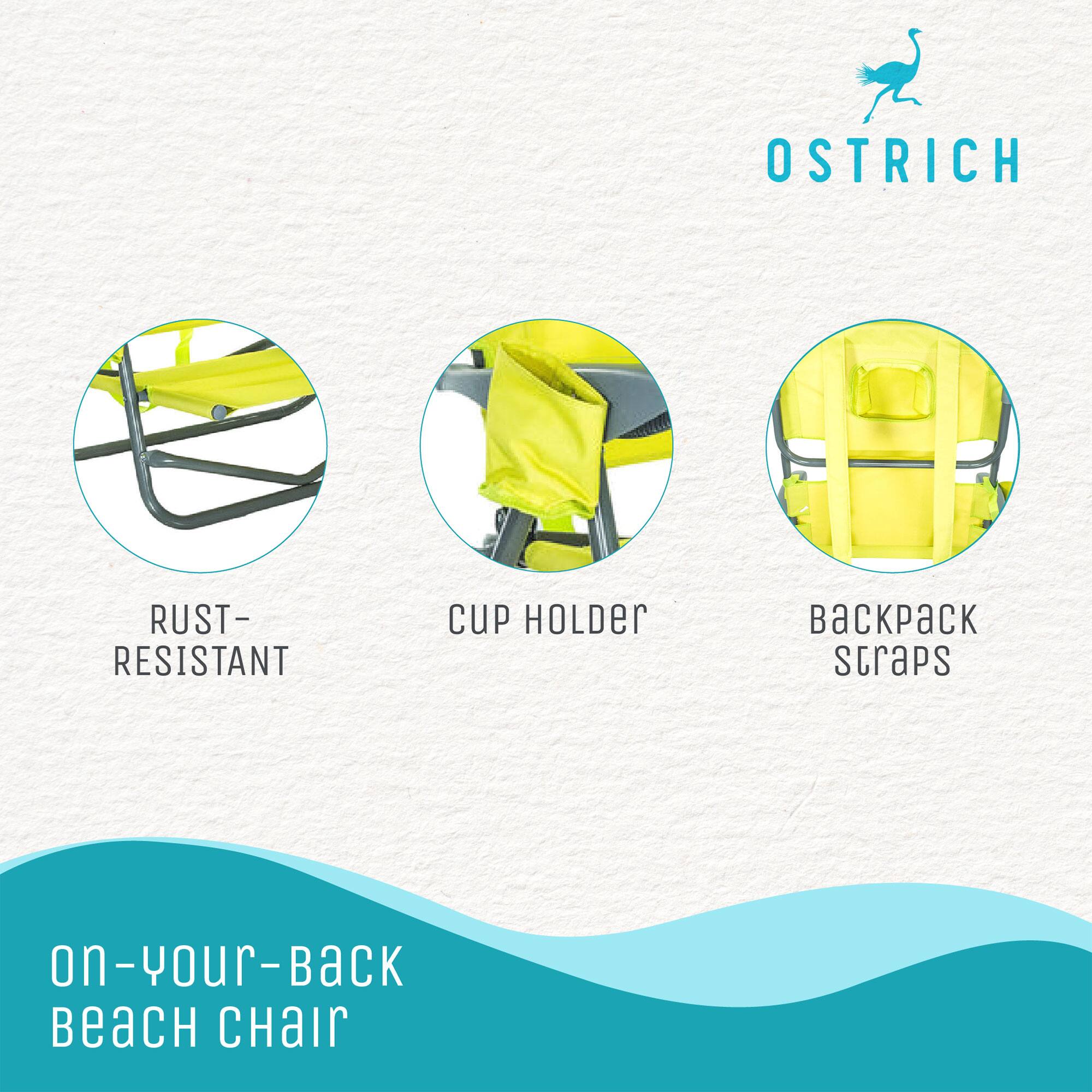 OSTRICH  
RUST-RESISTANT CUP HOLDER  
BACKPACK STRAPS  
on-your-back BEACH CHAIR