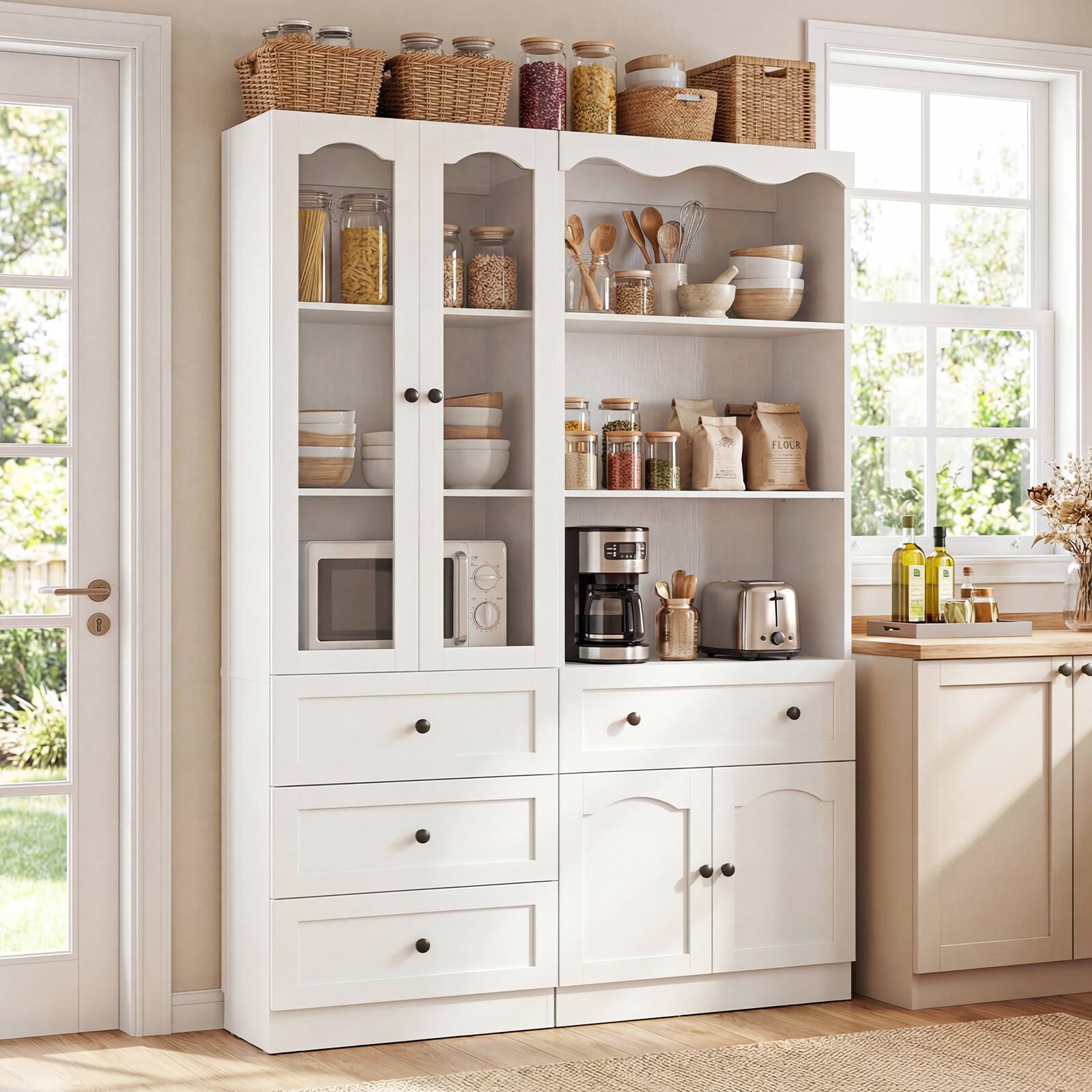 Alt View 1. Aheaplus - 102.2''W Bookcase with Drawers and Glass Doors, 80'' Tall Bookshelf with Adjustable Shelves for Storage & Organization - White.