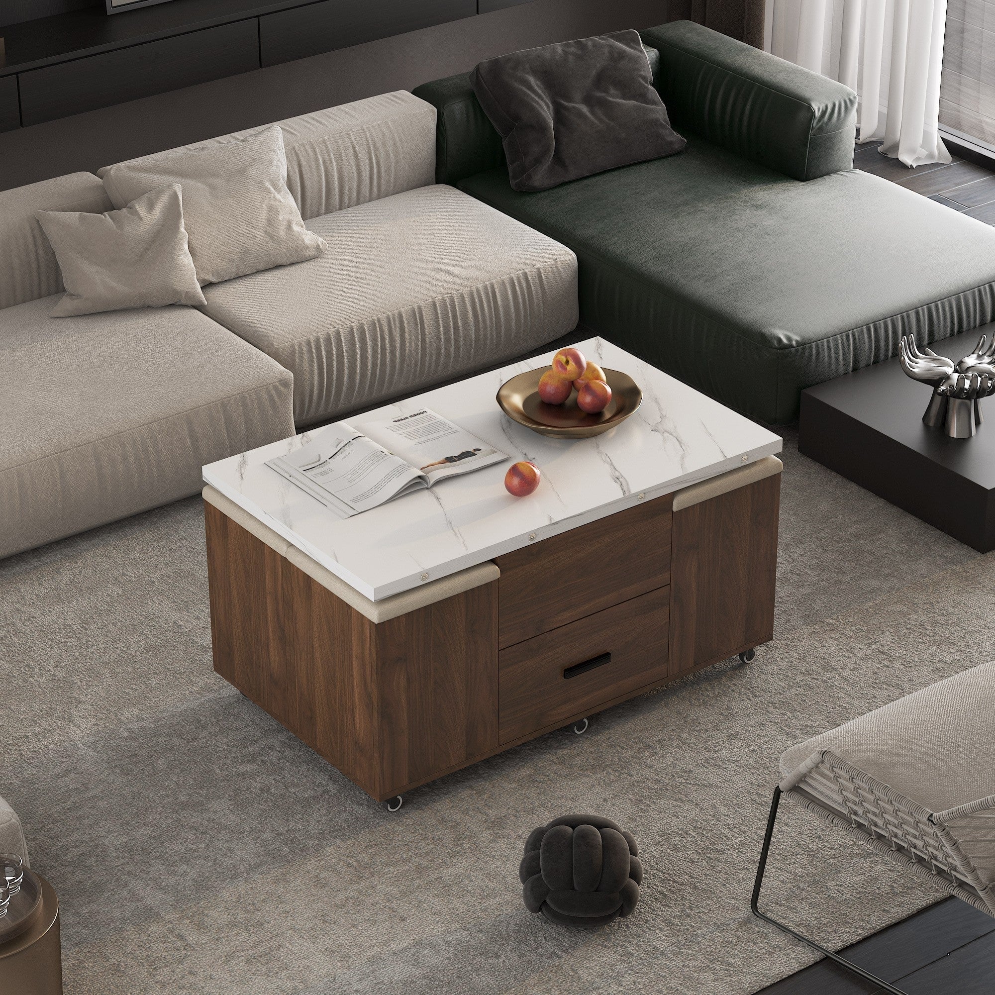 Boyel Living - Modern Lift Up Coffee Table with Storage Stools - White+Wood