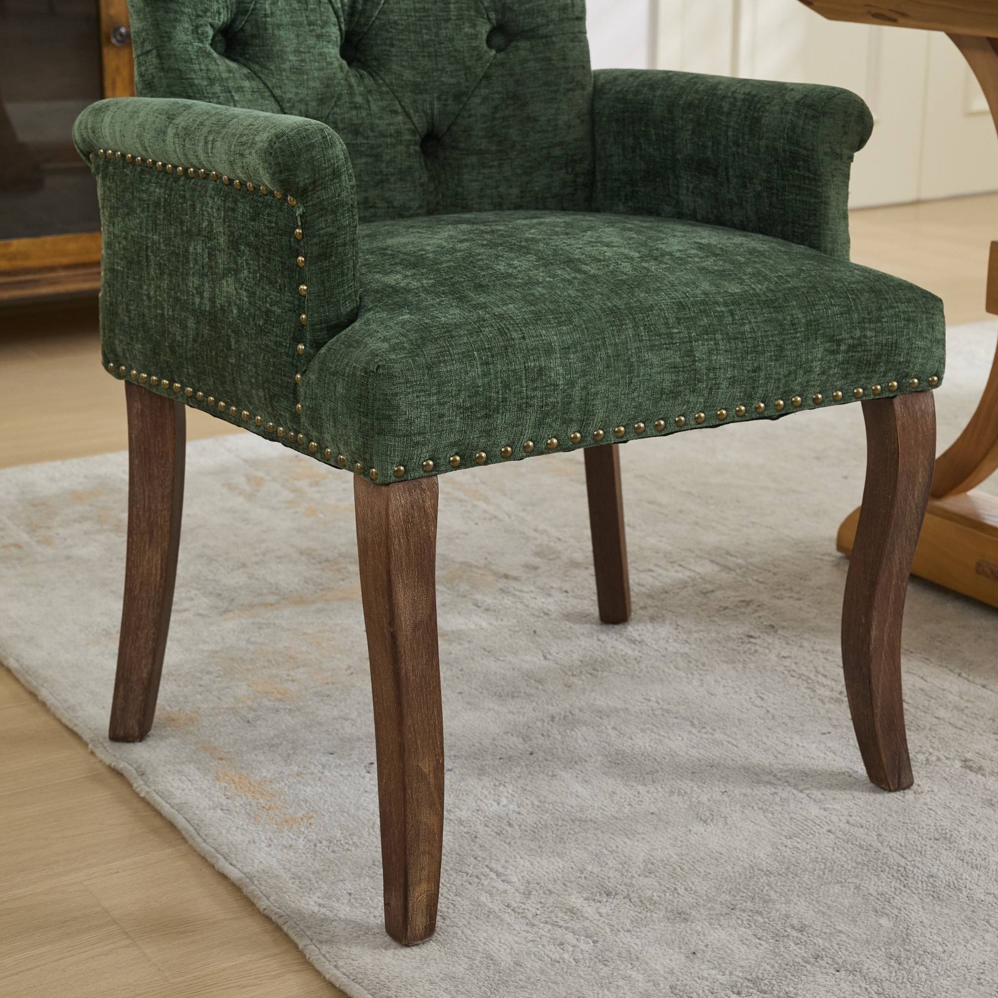 Alt View 8. GOODSILO - Upholstered Tufted Accent Dining Chair with Curved Wood Legs and Chenille Fabric in Neutral Beige - Olive Green.