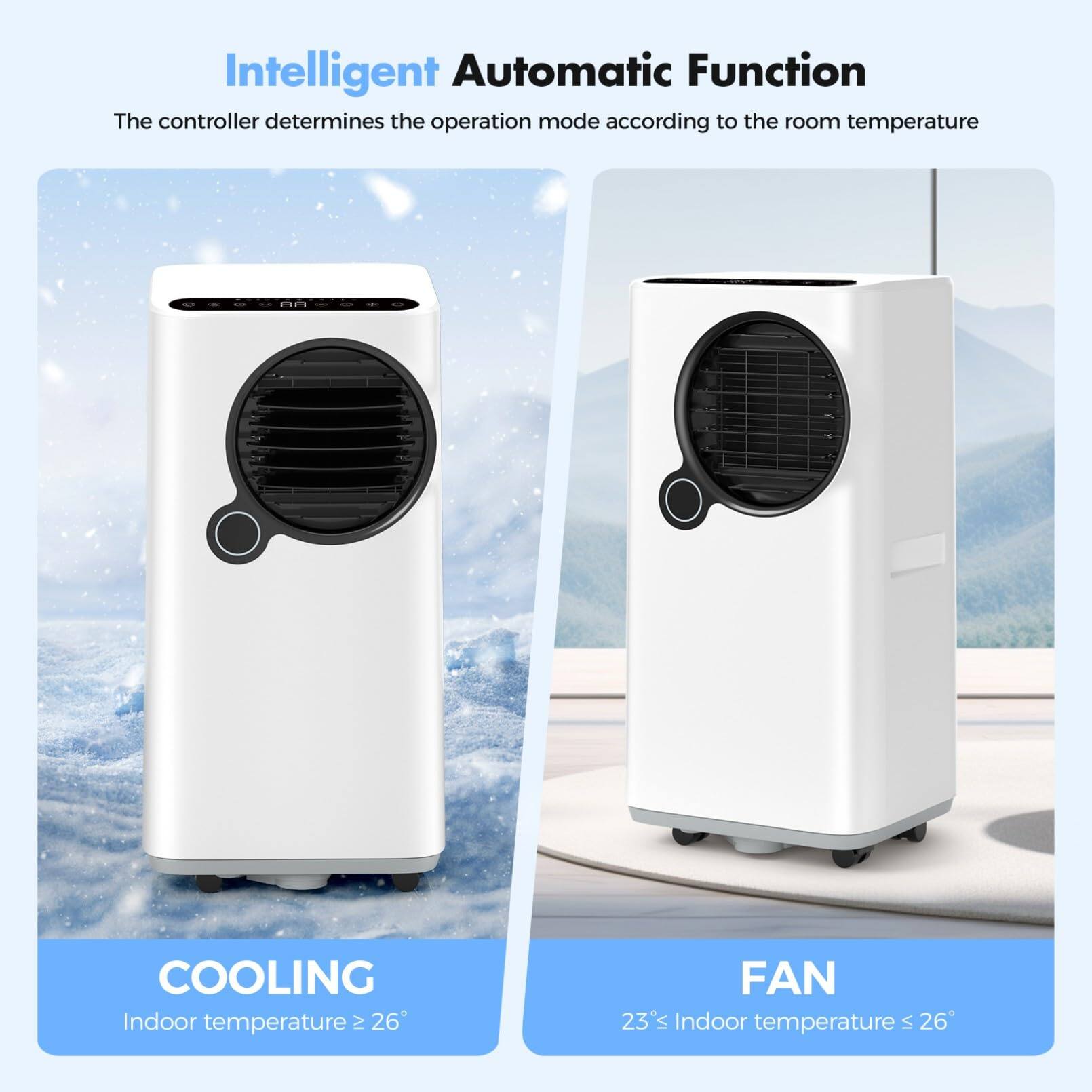 Intelligent Automatic Function  
The controller determines the operation mode according to the room temperature  

COOLING  
Indoor temperature ≥ 26°  

FAN  
23°s Indoor temperature ≤ 26°