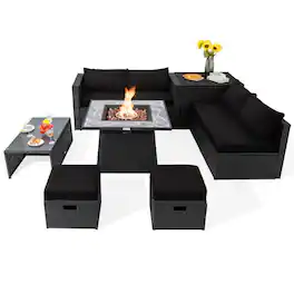 Pefilos - 9 Pieces Outdoor Wicker Sectional with 35 Inch Gas Fire Pit Table- Wicker Furniture Conversation Sets - Black