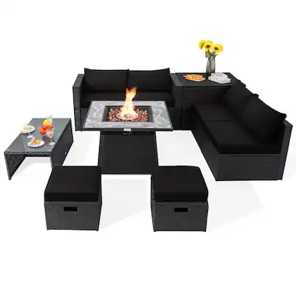 Front. Pefilos - 9 Pieces Outdoor Wicker Sectional with 35 Inch Gas Fire Pit Table-Black, Wicker Furniture Conversation Sets - Black.