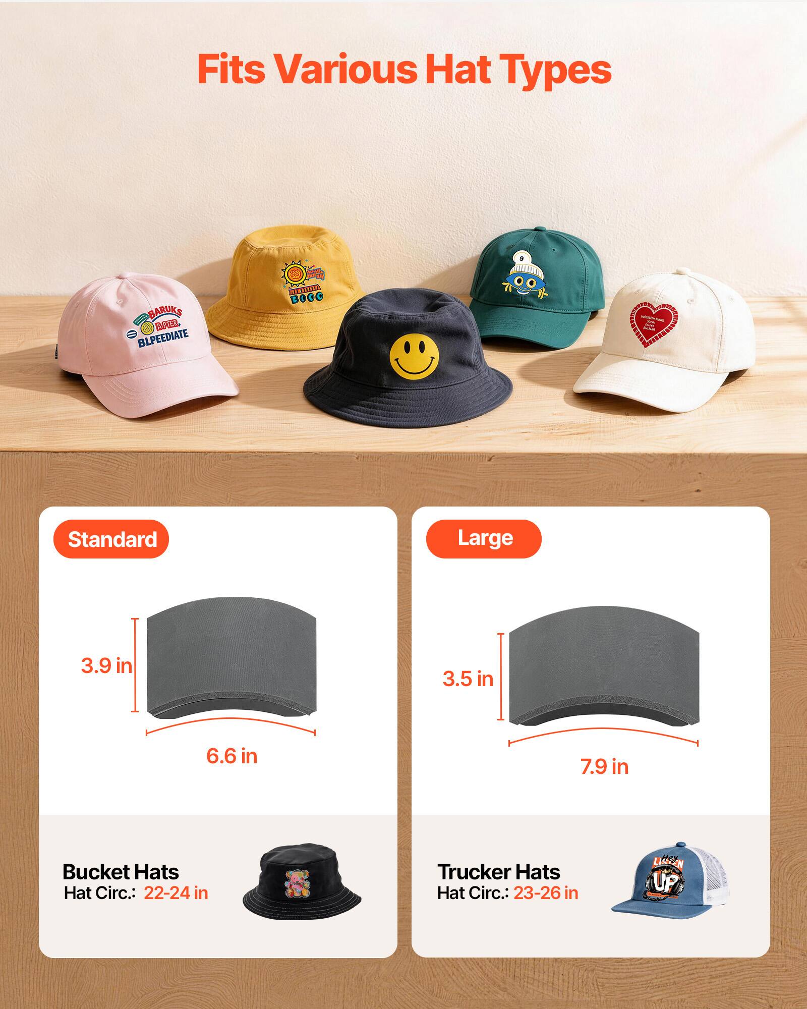 Fits Various Hat Types

BARUKS BLPEEDIATE
STEDIA BOCO

minicion - 2 ASAN

Standard
Large

3.9 in
3.5 in
6.6 in
7.9 in

Bucket Hats Hat Circ.: 22-24 in
Trucker Hats Hat Circ.: 23-26 in

May LINTEN UP
