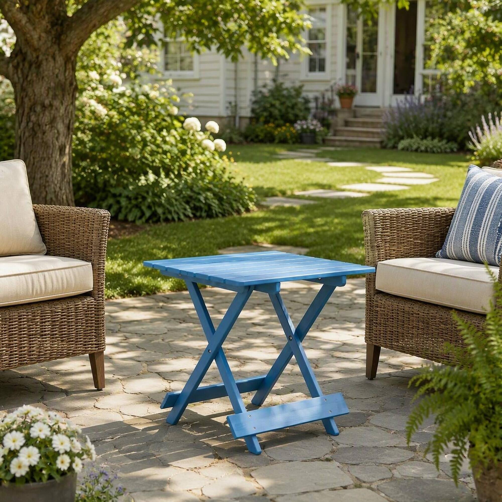 Angle. RYHNUYNE - Solid Cypress Square Folding Outdoor Table,Space-Saving Blue Finish Side Table for Patio Balcony Deck Backyard - Blue.