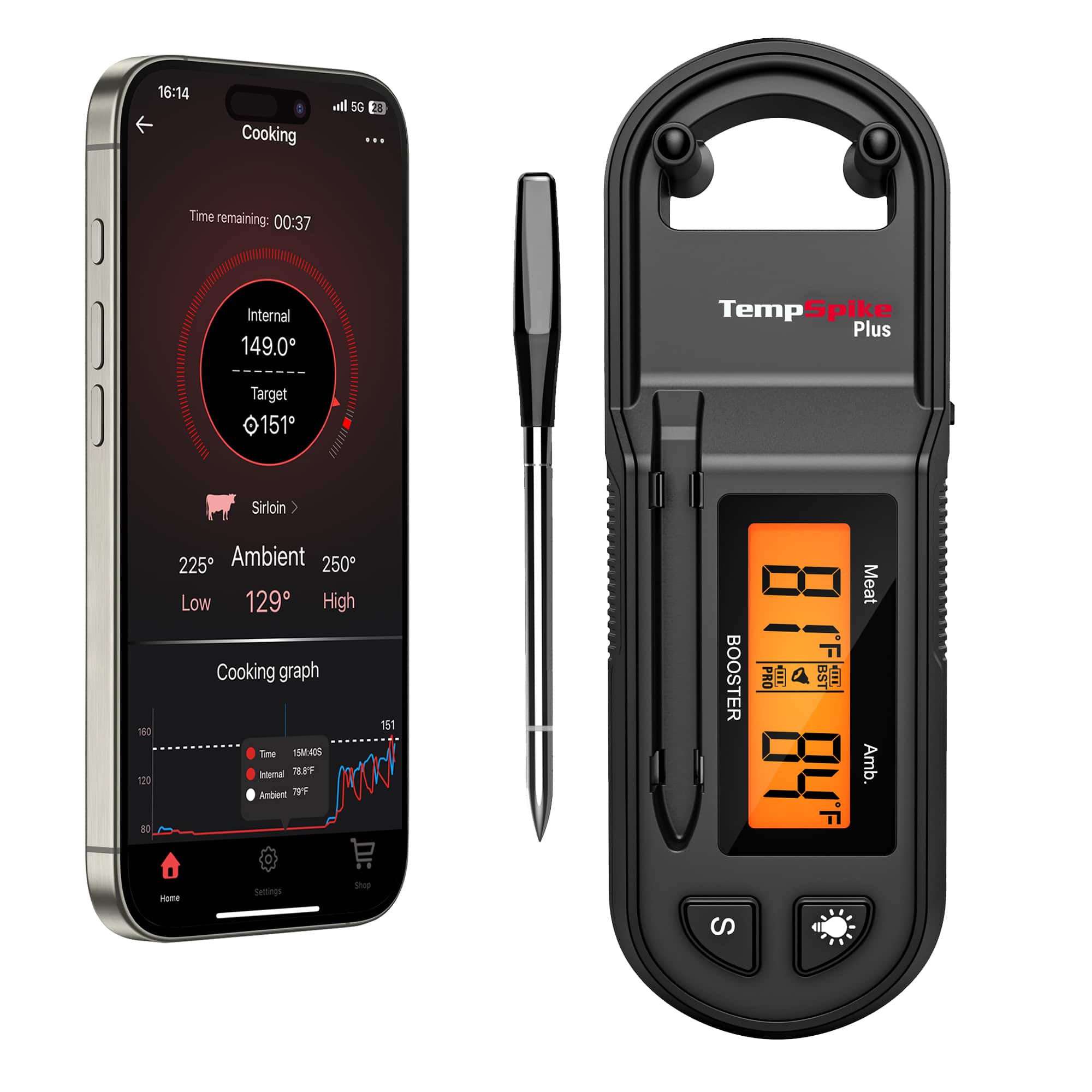 ThermoPro - TempSpike Plus 600ft Wireless Meat Thermometer with Ultra-Thin Probe & Digital LCD Booster - Black