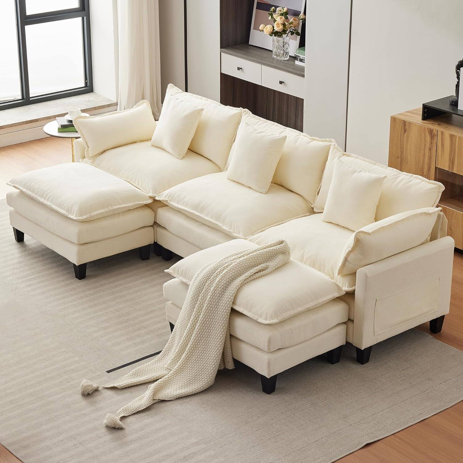 Alt View 2. Babevy - 112" U-Shaped Modular Sectional Sofa, Deep Seat Cloud Couch with Chenille & Corduroy, 2 Ottomans & Armrests - Beige.