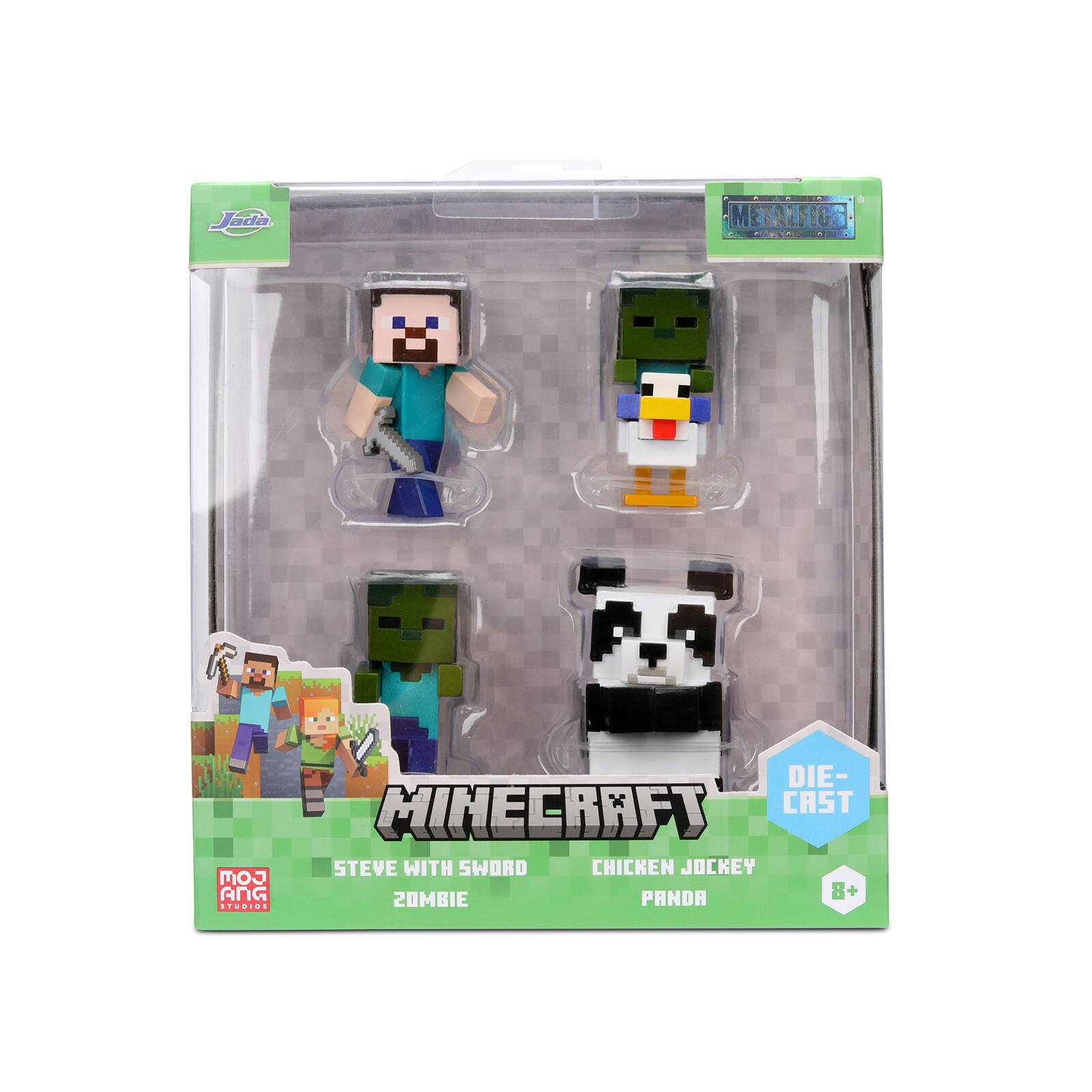 Jada  
METALFIG.  
DIE-CAST  
MINECRAFT  
STEVE WITH SWORD  
ZOMBIE  
CHICKEN JOCKEY  
PANDA  
8+ STUDIOS