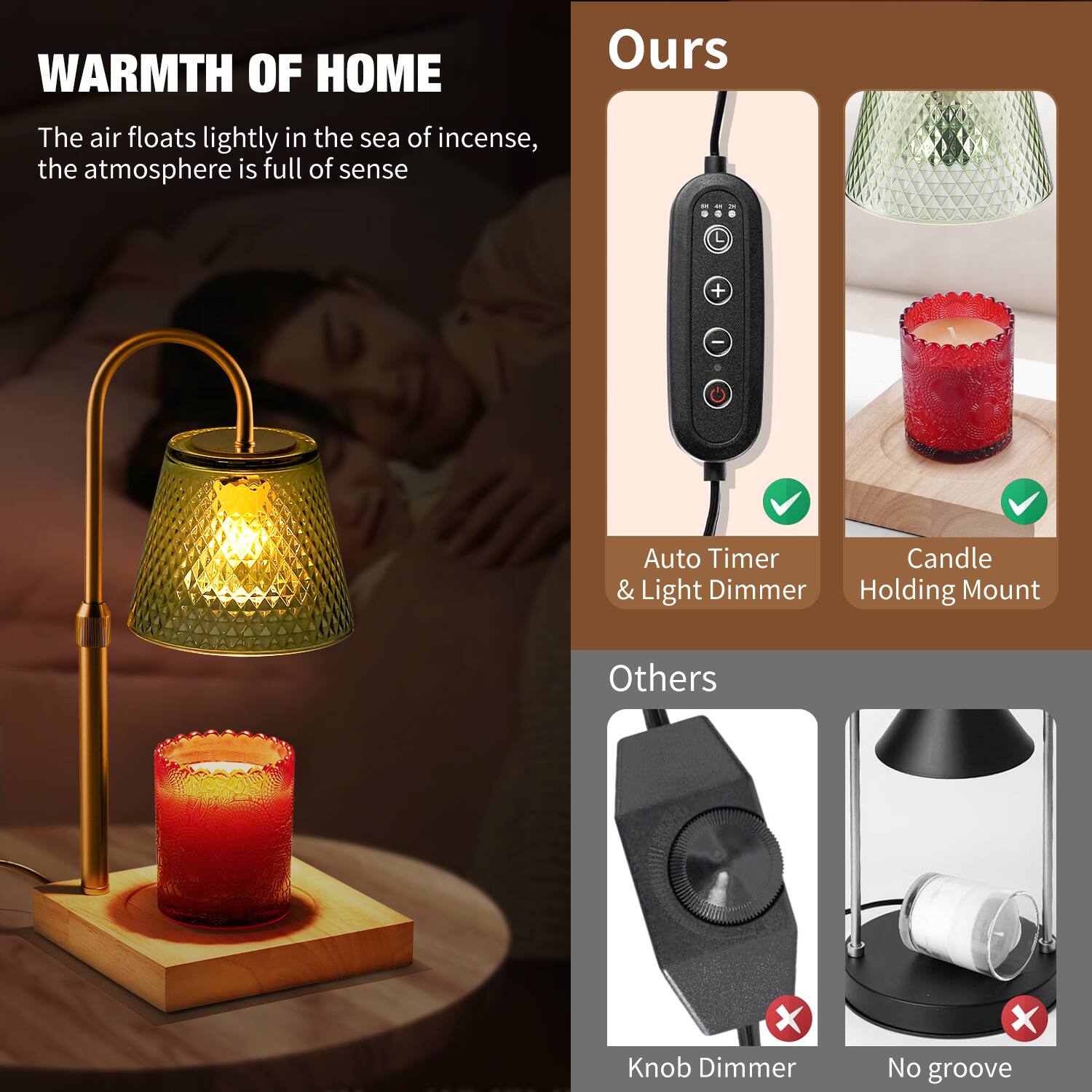 **WARMTH OF HOME**

The air floats lightly in the sea of incense, the atmosphere is full of sense

**Ours**

- Auto Timer & Light Dimmer
- Candle Holding Mount

**Others**

- Knob Dimmer
- No groove