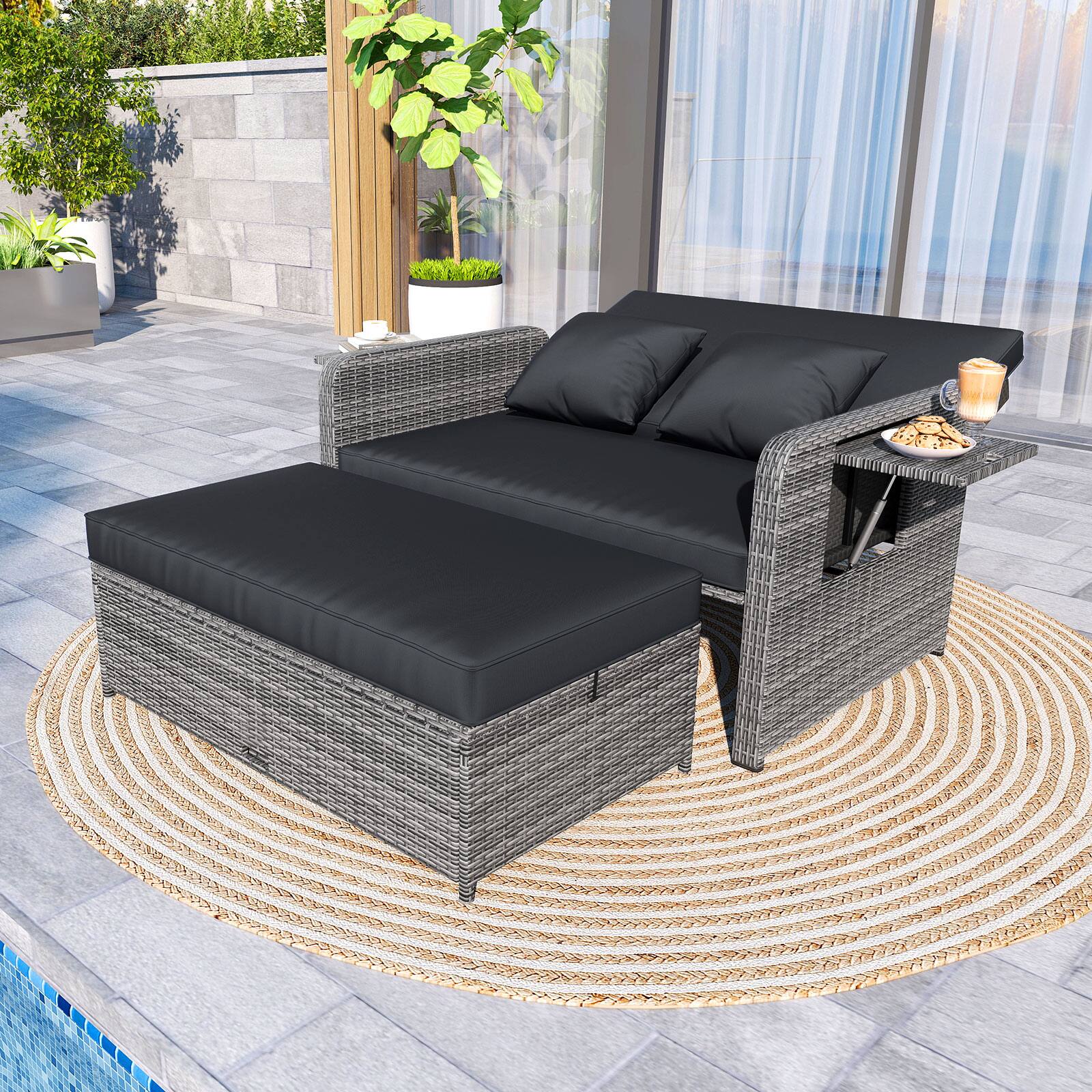 Alt View 9. Gymax - Gymax Rattan Daybed Wicker Loveseat Sofa Set w/ Ottoman & Retractable Side Tray Patio Black - Black.
