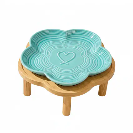 Front. PawsPik - PawsPik Flower Ceramic Cat Feeding Plate, Medium, Blue - Blue.