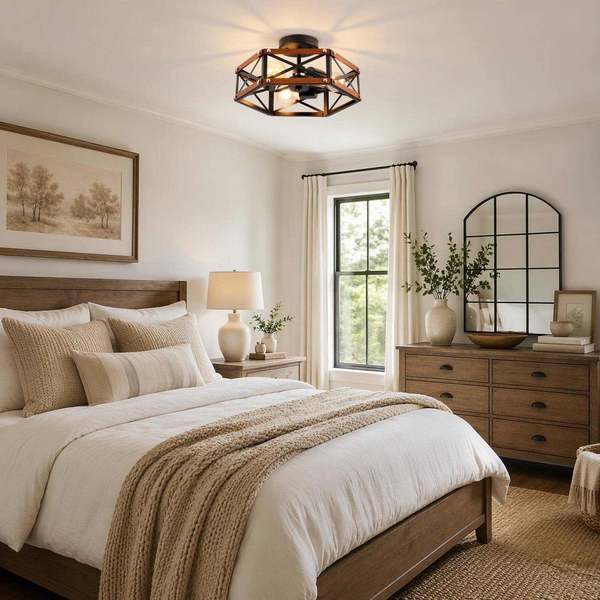 Back. RYHNUYNE - Rustic Farmhouse Semi Flush Mount Ceiling Light, 14.57-Inch Square Wood and Metal Cage Fixture for Hallway, Entryway.