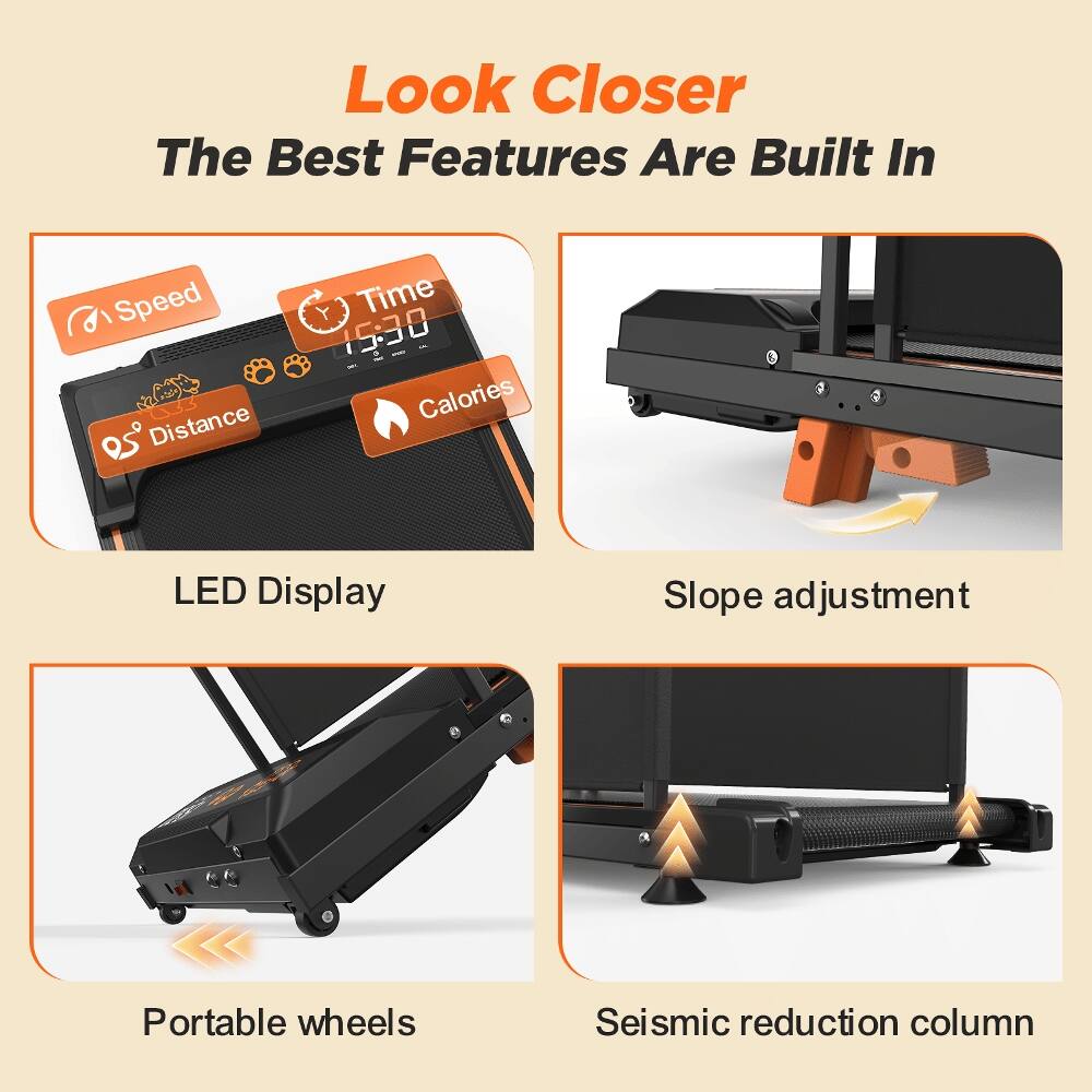 Look Closer  
The Best Features Are Built In

- Speed
- Time 15:30
- Distance
- Calories
- LED Display
- Slope adjustment
- Portable wheels
- Seismic reduction column