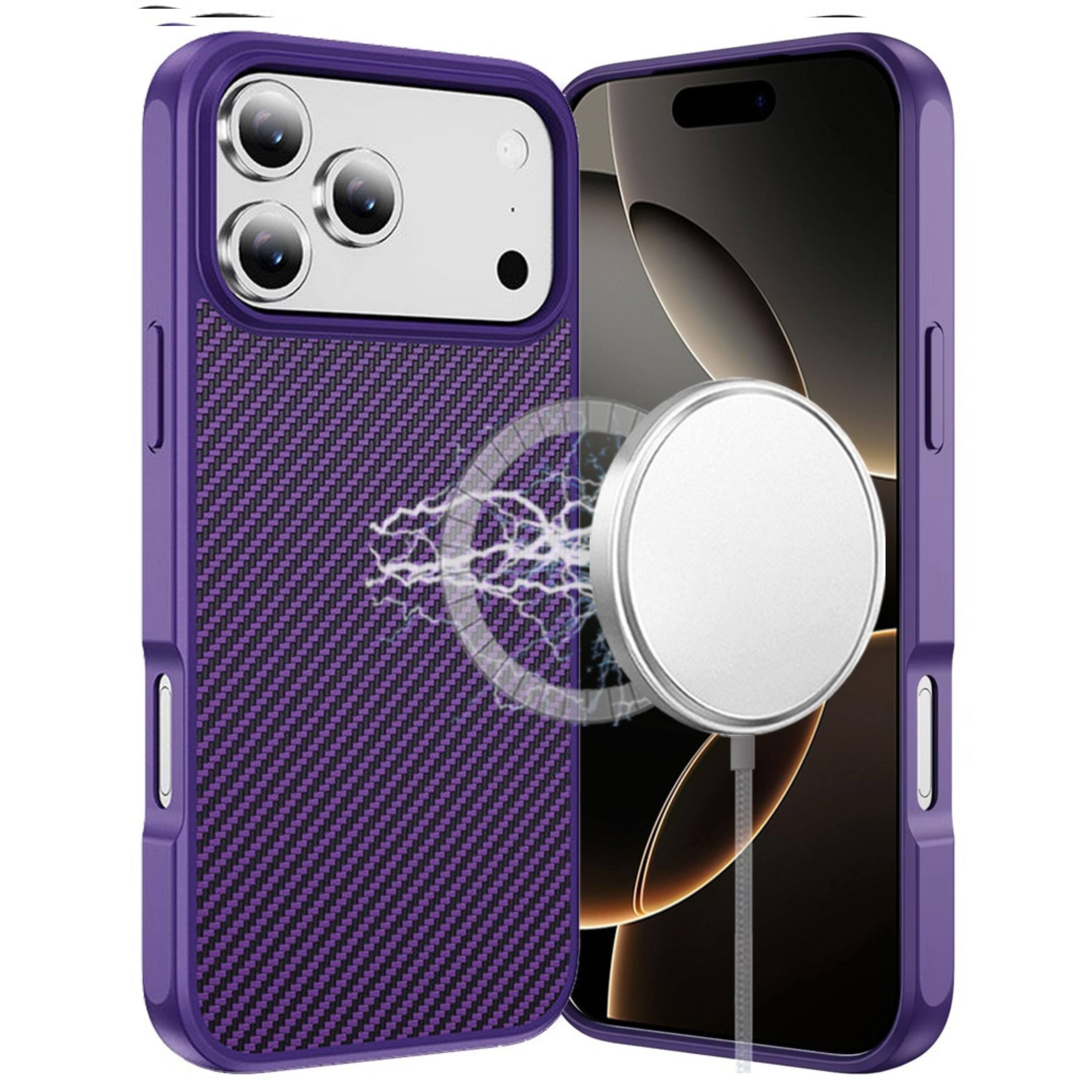 Front. Kitcheniva - Carbon Fiber Hidden Ring Rugged Phone Case With Tempered Glass For iPhone 17 Pro Max Dark Purple - Dark Purple.