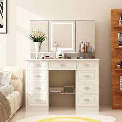 Famapy Vintage Vanity Table with 3 Sided LED Mirror Makeup Dressing Table 9 Drawer Organizer Hidden Storage White BBFAZJ-KF210215-01 - Best Buy Famapy Vintage Vanity Table with 3 Sided LED Mirror Makeup Dressing Table 9 Drawer Organizer Hidden Storage White BBFAZJ-KF210215-01 - Best Buy