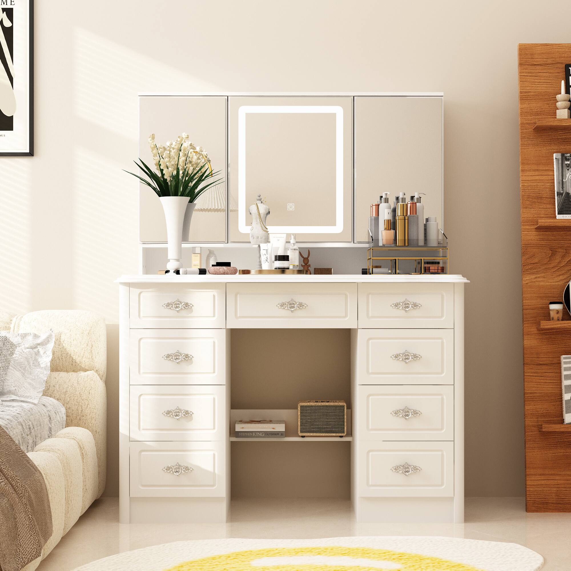 Angle. Famapy - Vintage Vanity Table with 3-Sided LED Mirror - Makeup Dressing Table 9-Drawer Organizer Hidden Storage - White.