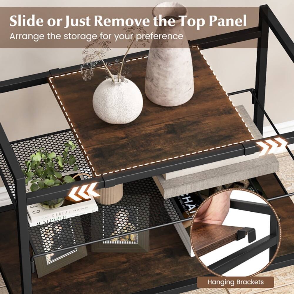 Slide or Just Remove the Top Panel  
Arrange the storage for your preference  

Hanging Brackets