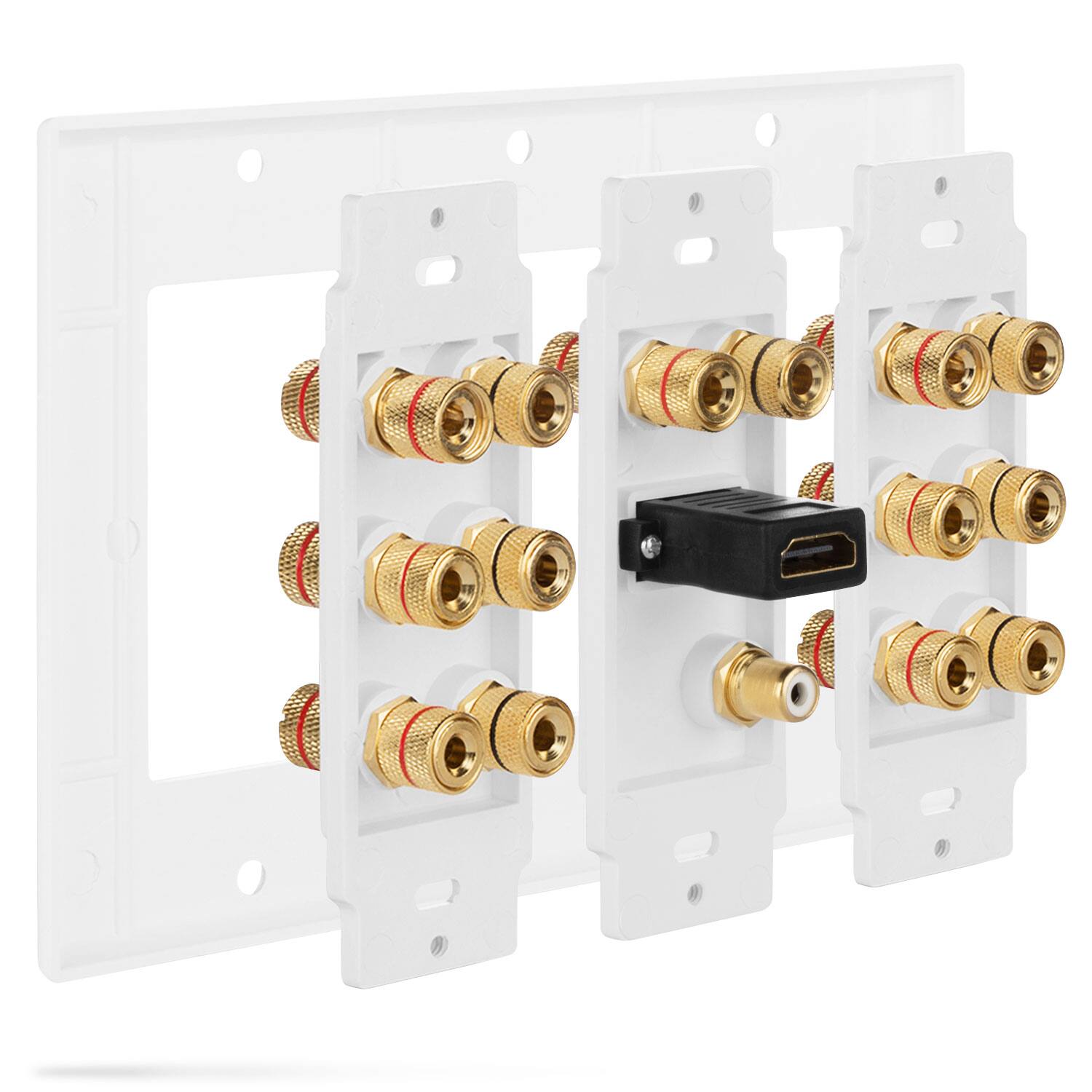 Back. Fosmon - 3-Gang 7.1 Surround Sound Distribution Wall Plate, 7-Pair Copper Binding Posts, 1 RCA Jack, 1 High Speed HDMI 2.0 Port - White.