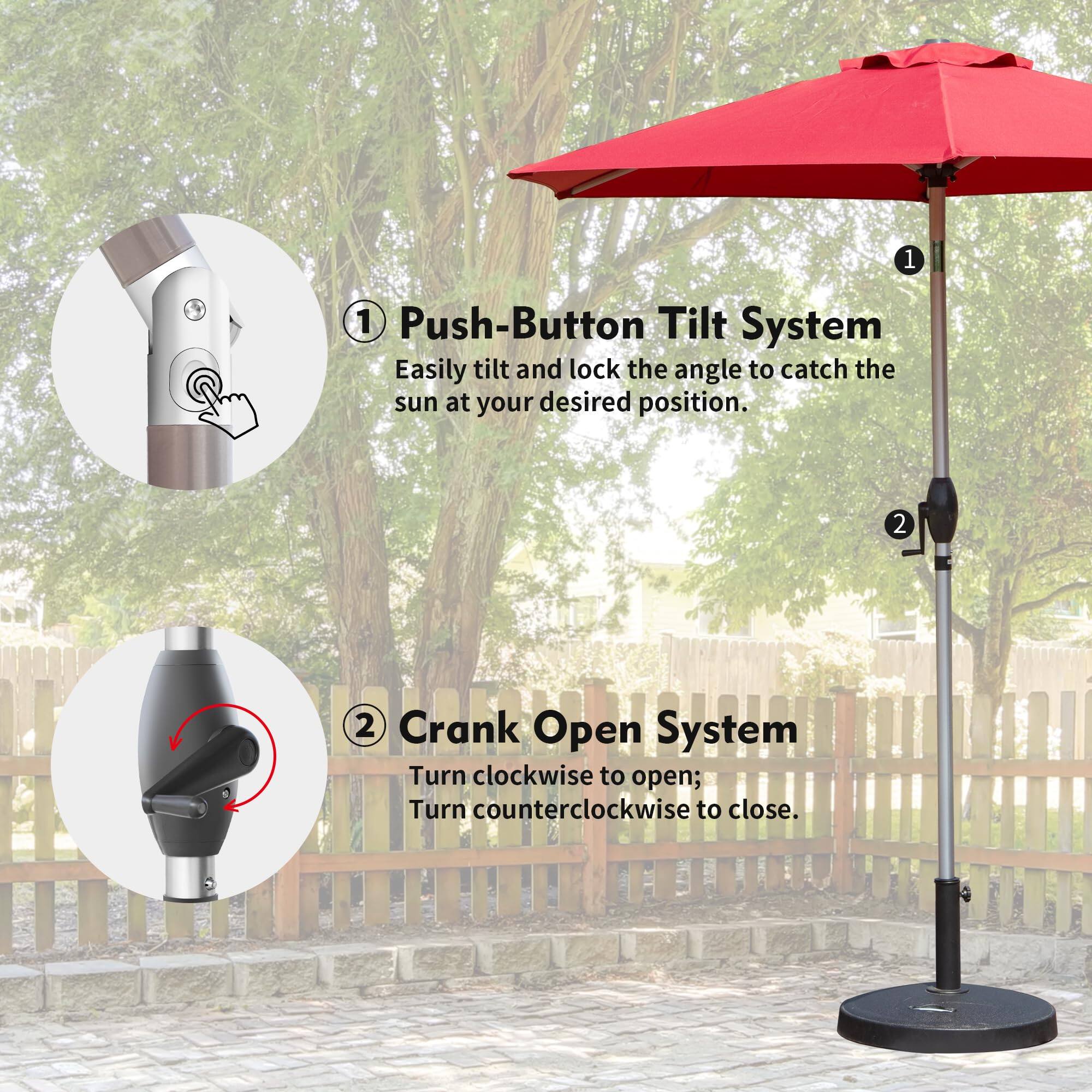 1. Push-Button Tilt System  
   Easily tilt and lock the angle to catch the sun at your desired position.

2. Crank Open System  
   Turn clockwise to open; Turn counterclockwise to close.