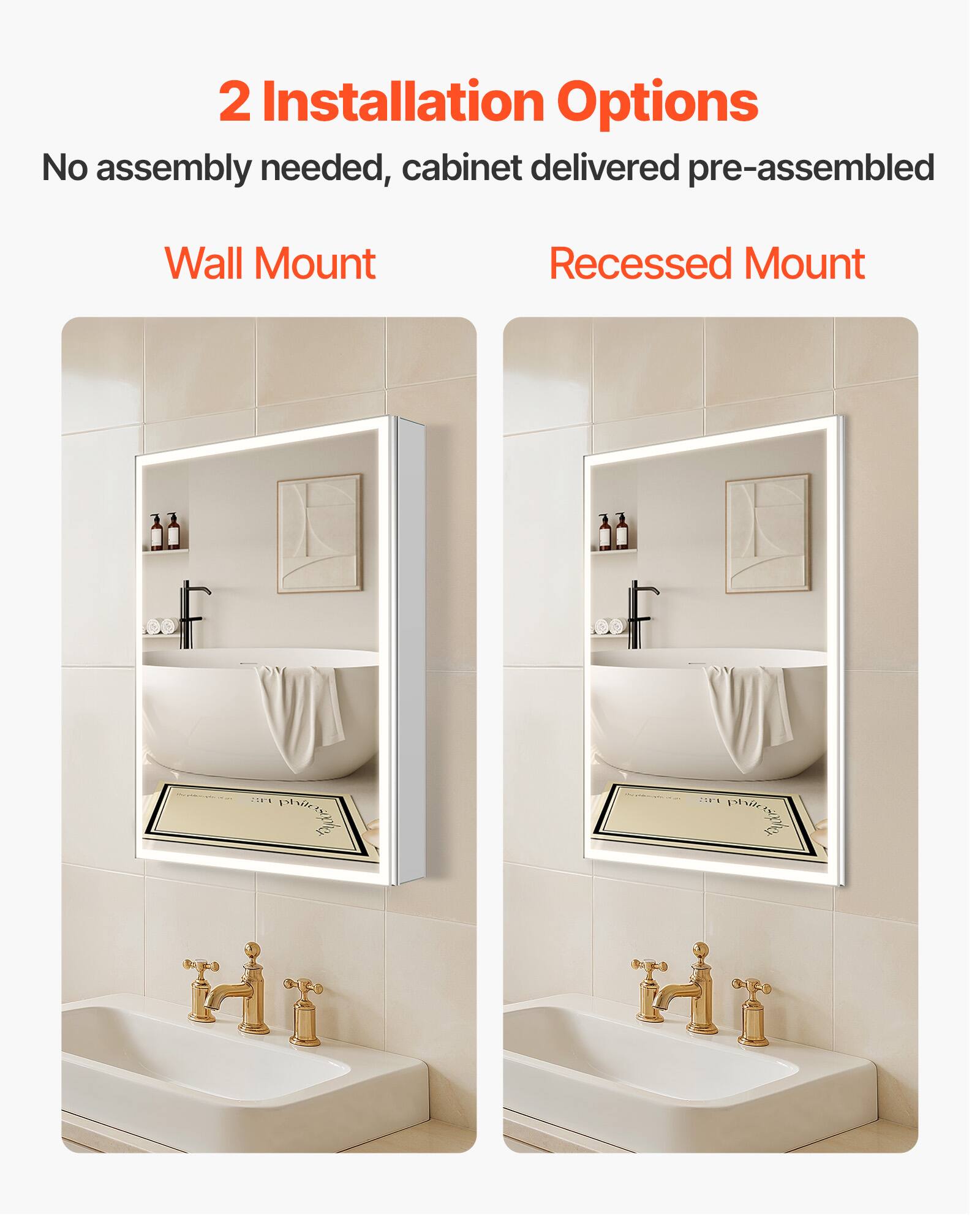 2 Installation Options
No assembly needed, cabinet delivered pre-assembled
Wall Mount
Recessed Mount