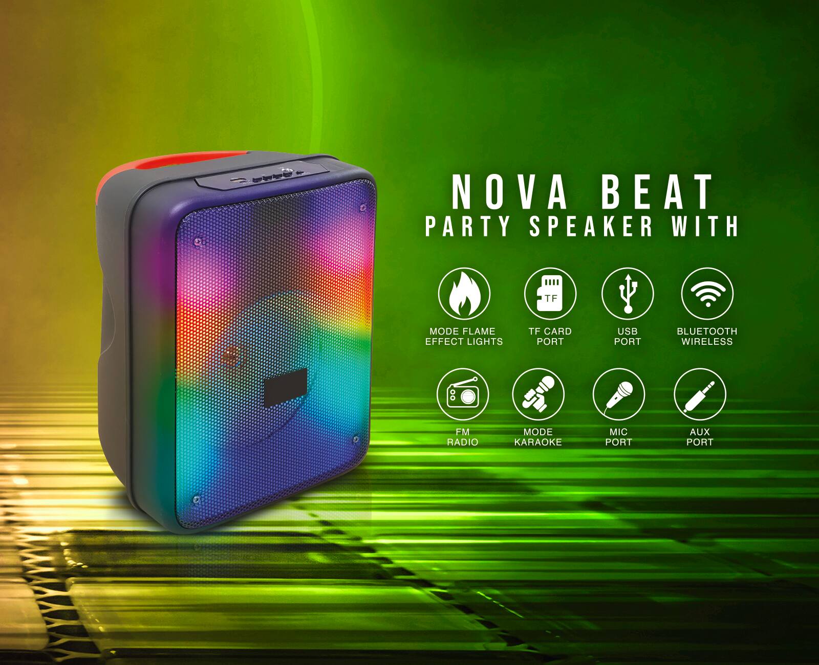 NOVA BEAT PARTY SPEAKER WITH TF CARD PORT, USB PORT, BLUETOOTH WIRELESS, FM RADIO, MODE KARAOKE, MIC PORT, AUX PORT, MODE FLAME EFFECT LIGHTS
