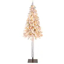 Costway - 6 FT Pre-Lit Slim Pencil Christmas Tree Snow Flocked Xmas Décor with 175 Lights - Green/White