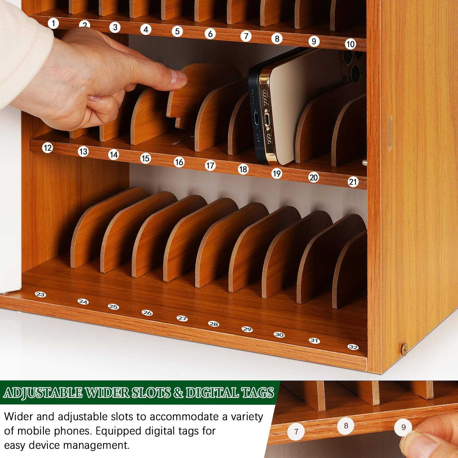 ADJUSTABLE WIDER SLOTS & DIGITAL TAGS

Wider and adjustable slots to accommodate a variety of mobile phones. Equipped digital tags for easy device management.