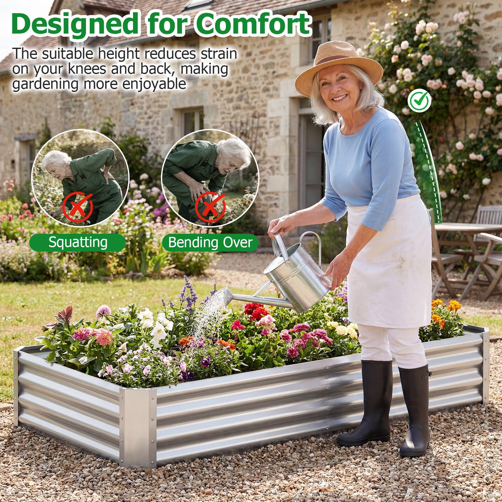 Designed for Comfort

The suitable height reduces strain on your knees and back, making gardening more enjoyable

Squatting  
Bending Over