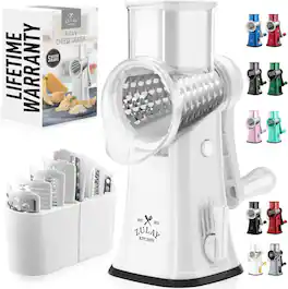 Zulay Kitchen - Rotary Cheese Grater 5 Blade Cheese Shredder with Reinforced Suction & 5 Interchangeable Drums - White